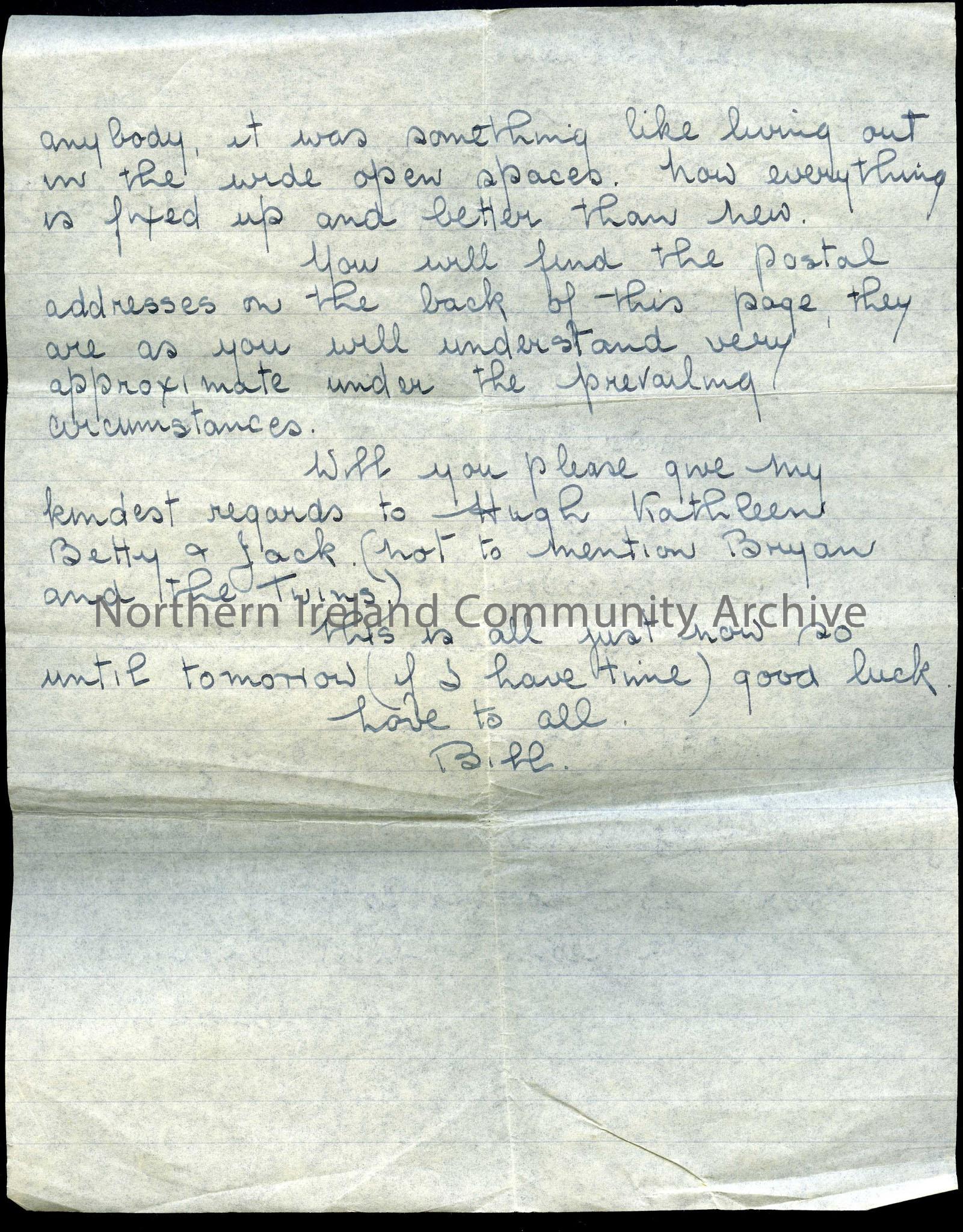 Page two of two page letter from Bill (William McCrory) to Tilly and dad. Sent from Liverpool and dated 21st April 1941. Letting them know that he lea…