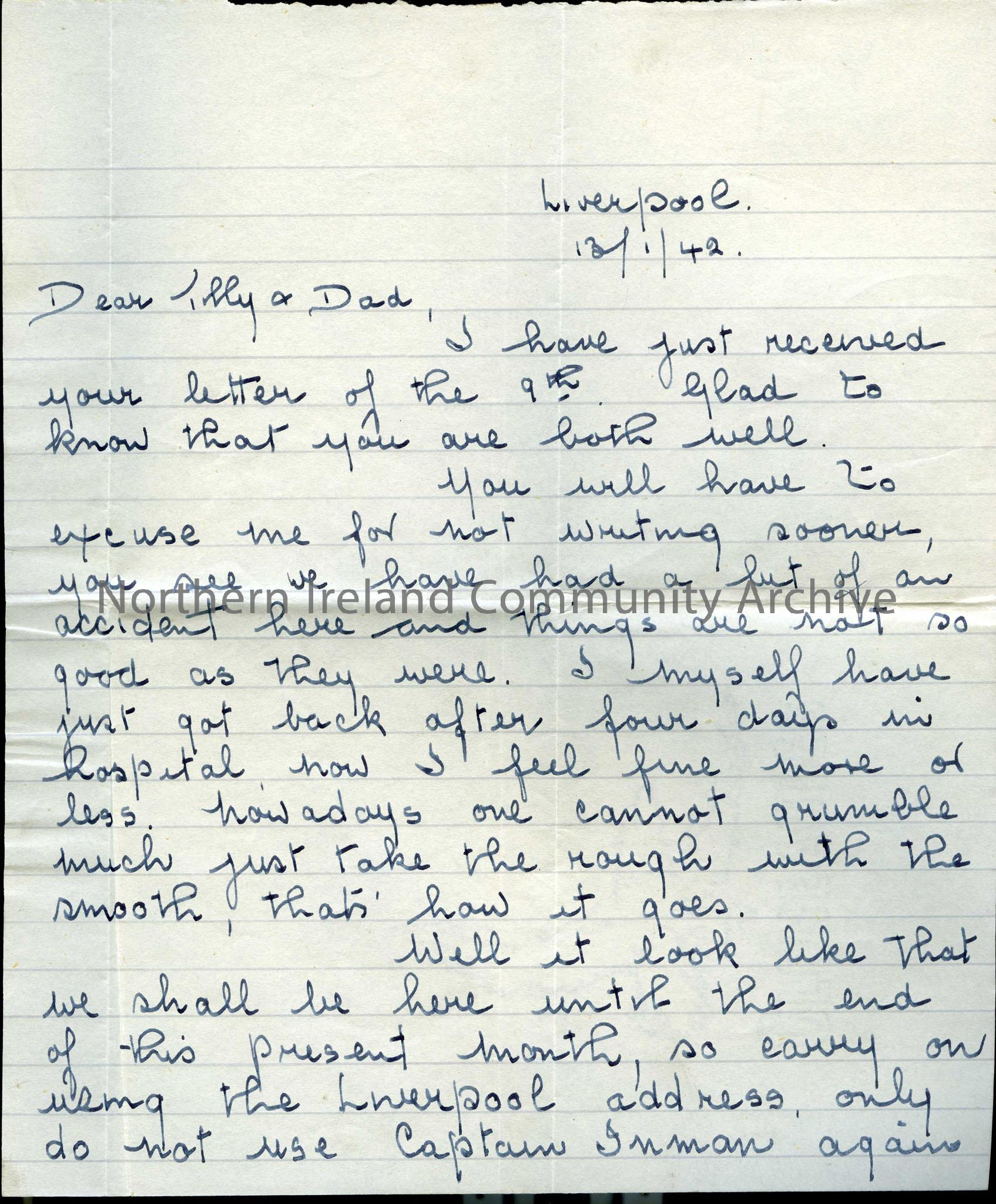 Page one of two – Addressed to Tilly and Dad from Bill (William). Sent from Liverpool, 13th January 1942. Apologises for not writing sooner. Writes th…