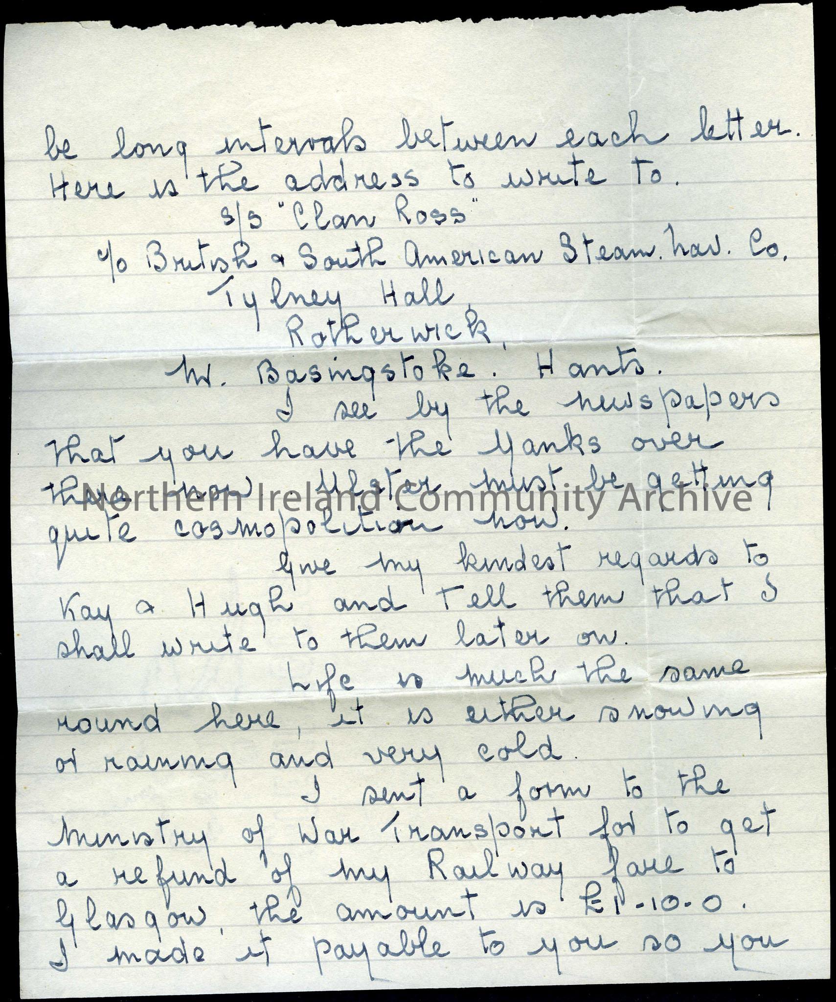 Page two of three – Addressed to Tilly and Dad from Bill (William). Sent from Birkenhead, 28th January 1942. Writes that he has received a letter from…