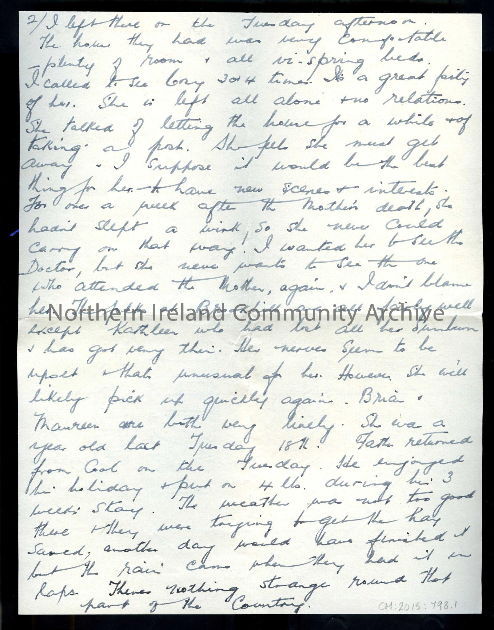 Page one of two – Addressed to Bill (William) from Tillie and father. Sent from Bangor and dated 21.8.1942. Writes about her holiday to Portrush, abou…