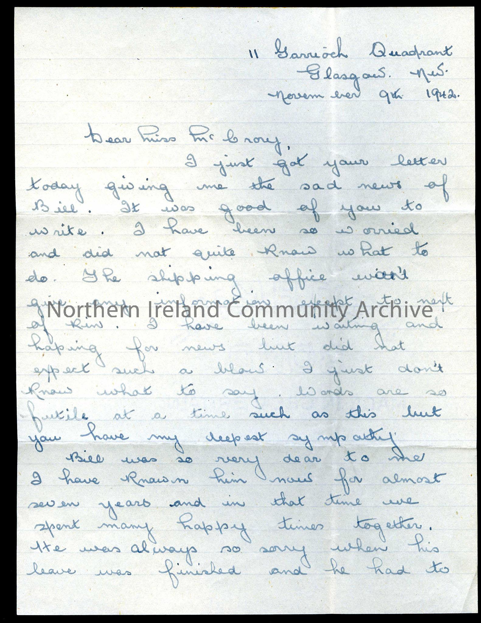 Page one of two – Addressed to Miss McCrory from May McNeill (Bill’s girlfriend). Sent from Glasgow and dated 9.11.1942. May writes to thank Miss McCr…