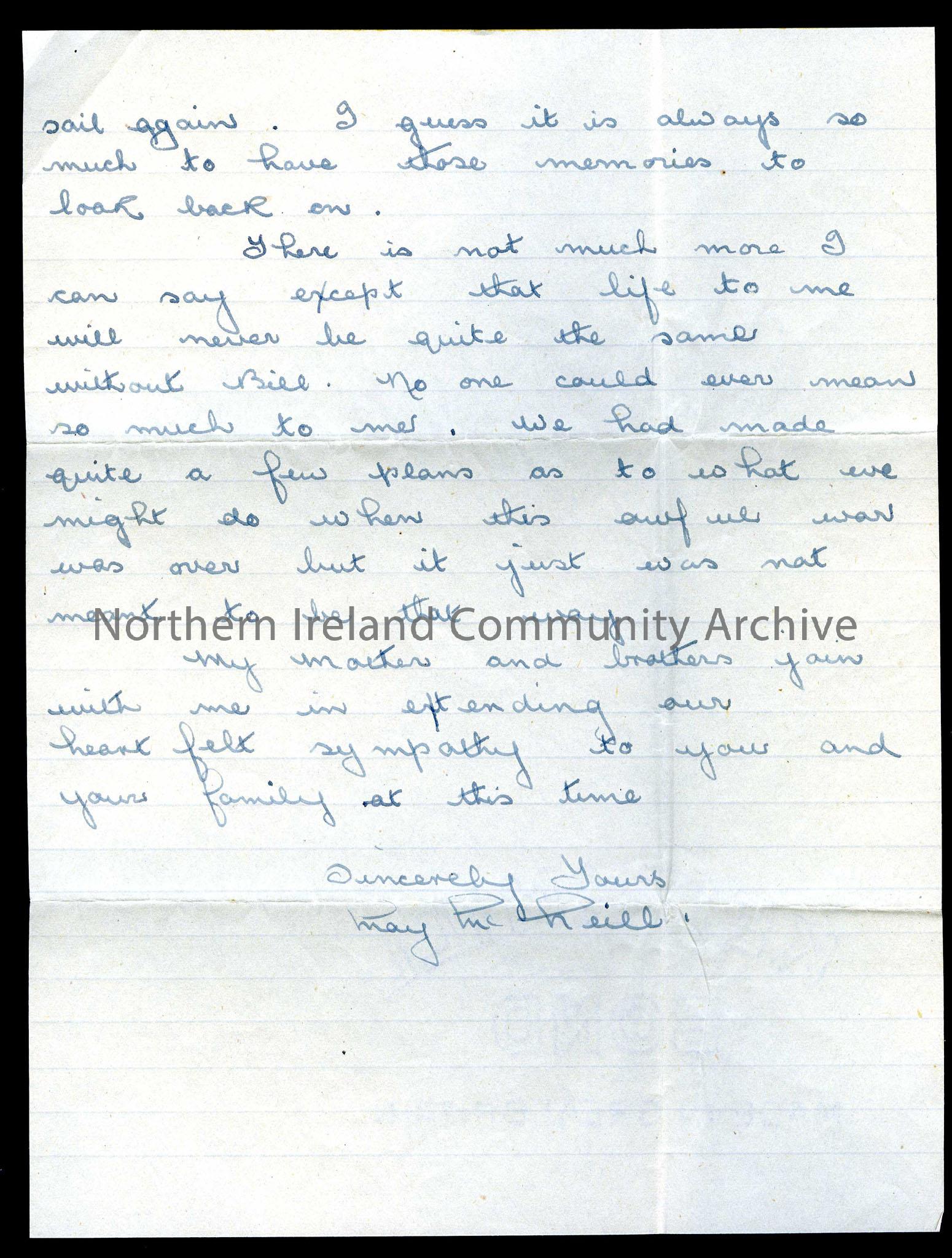 Page two of two – Addressed to Miss McCrory from May McNeill (Bill’s girlfriend). Sent from Glasgow and dated 9.11.1942. May writes to thank Miss McCr…