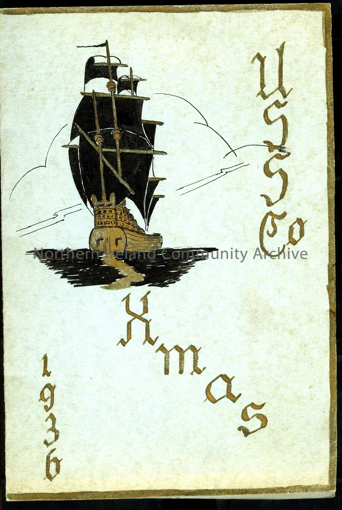 S.S Dunmore Head Xmas 1936 menu, with the Compliments of the Head Line,  dark ink drawing of ship on front cover.