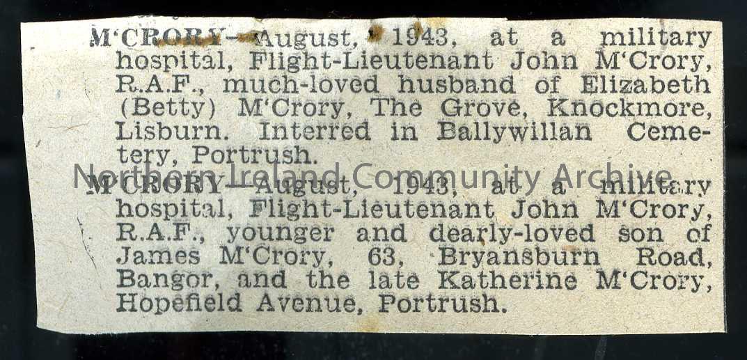 newspaper cutting of the death notice of Flight-Lieutantant John McCrory’s from his wife and from his parents