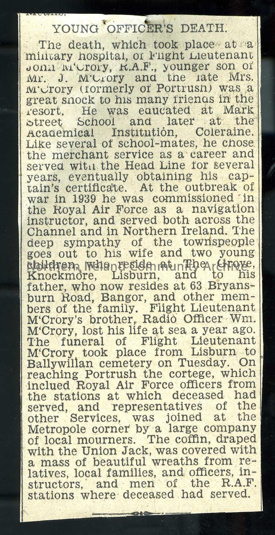 Newspaper cutting detailing the life and death of Flight-Lieutenant John McCrory