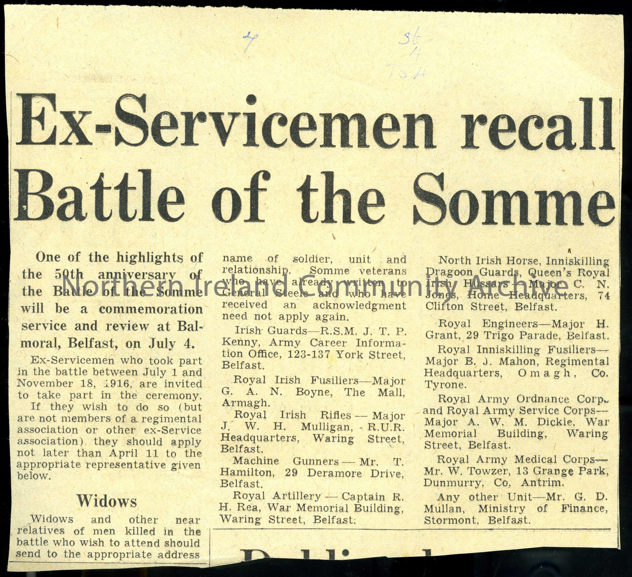 Newspaper clipping with heading ‘Ex-Servicemen recall Battle of the Somme’. Invitation for ex-servicemen, as well as widows and relatives, to take par…