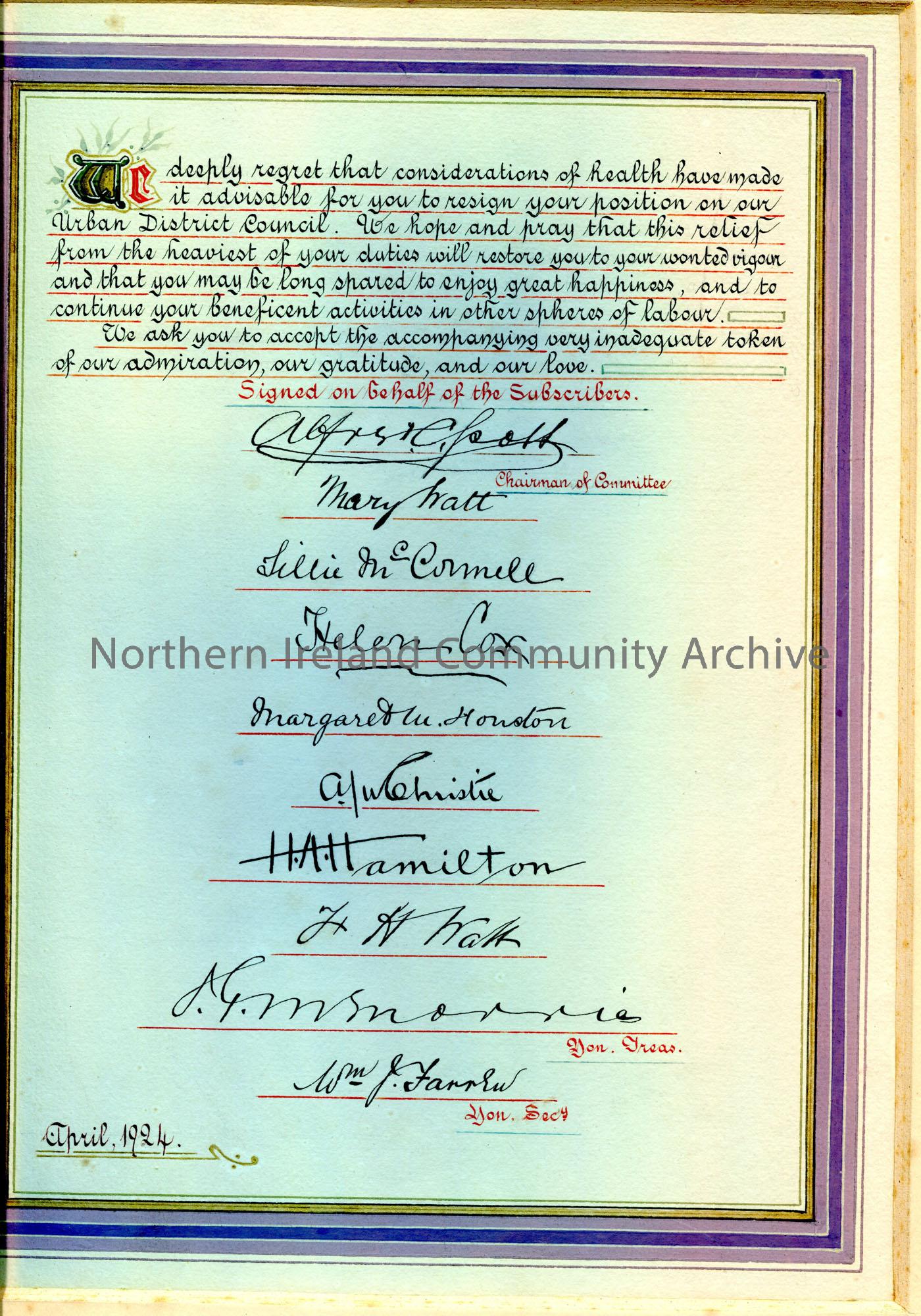 Illuminated “Address and Presentation” dated April 1924, presented to Miss Hamilton by members of the Portrush Urban District Council and the people o… – Scan003