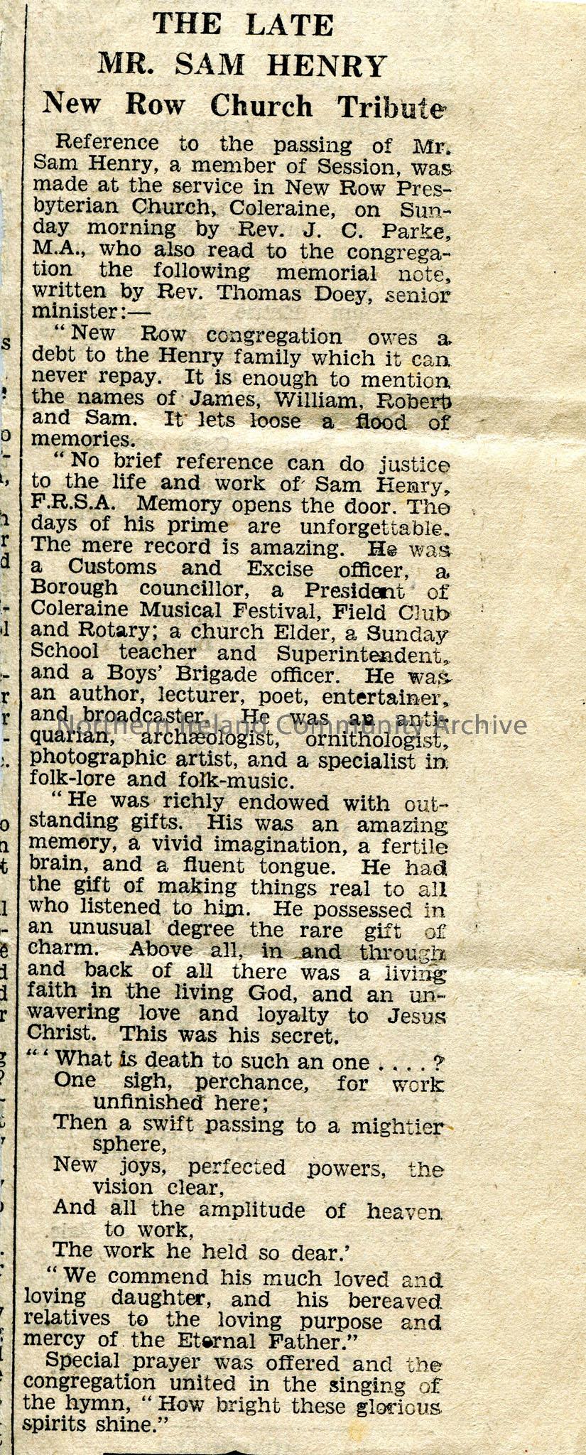 Sam Henry obituary (6), Maimie Henry (nee Liken) obituary (1), Miss Kathleen A.Liken obituary (1) – clippings from local newspapers contained within a… – scan005