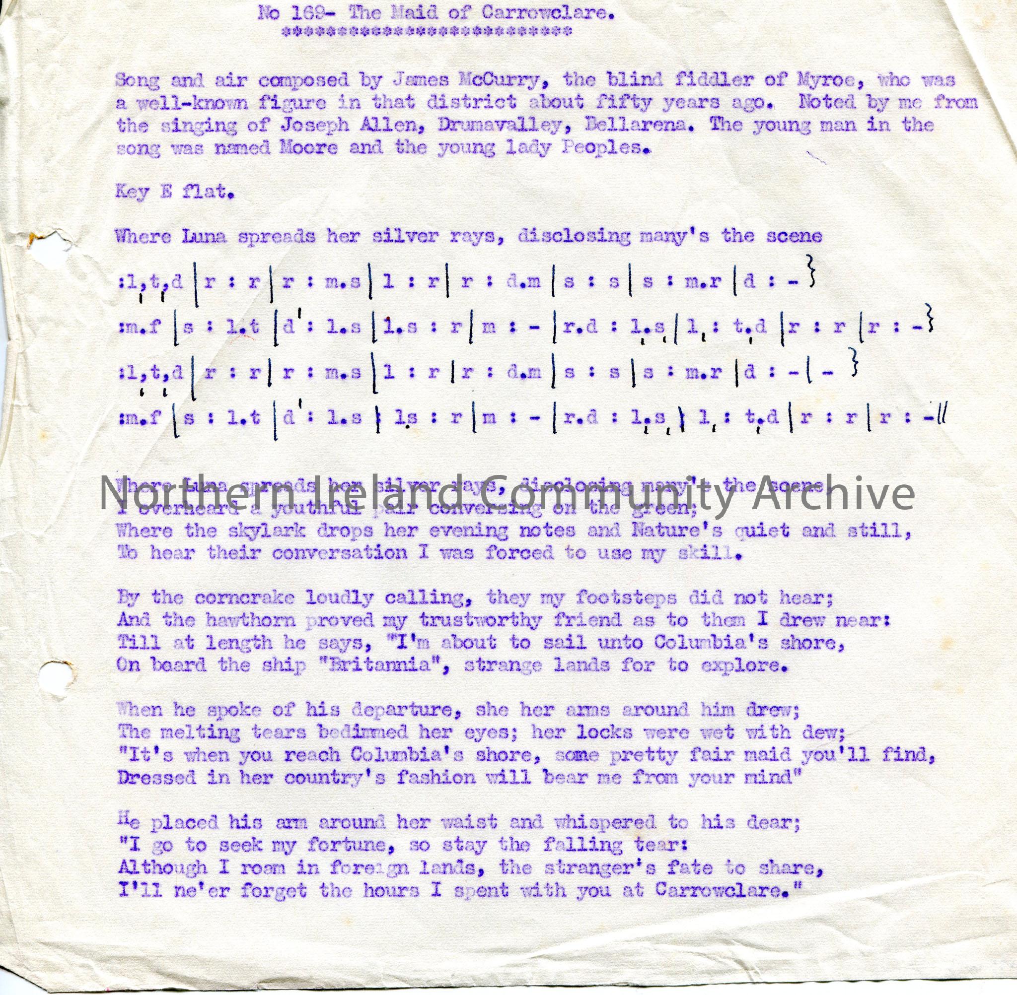 Typed tonic sol-fa notation and words to song titled, ‘No. 169 – The ...