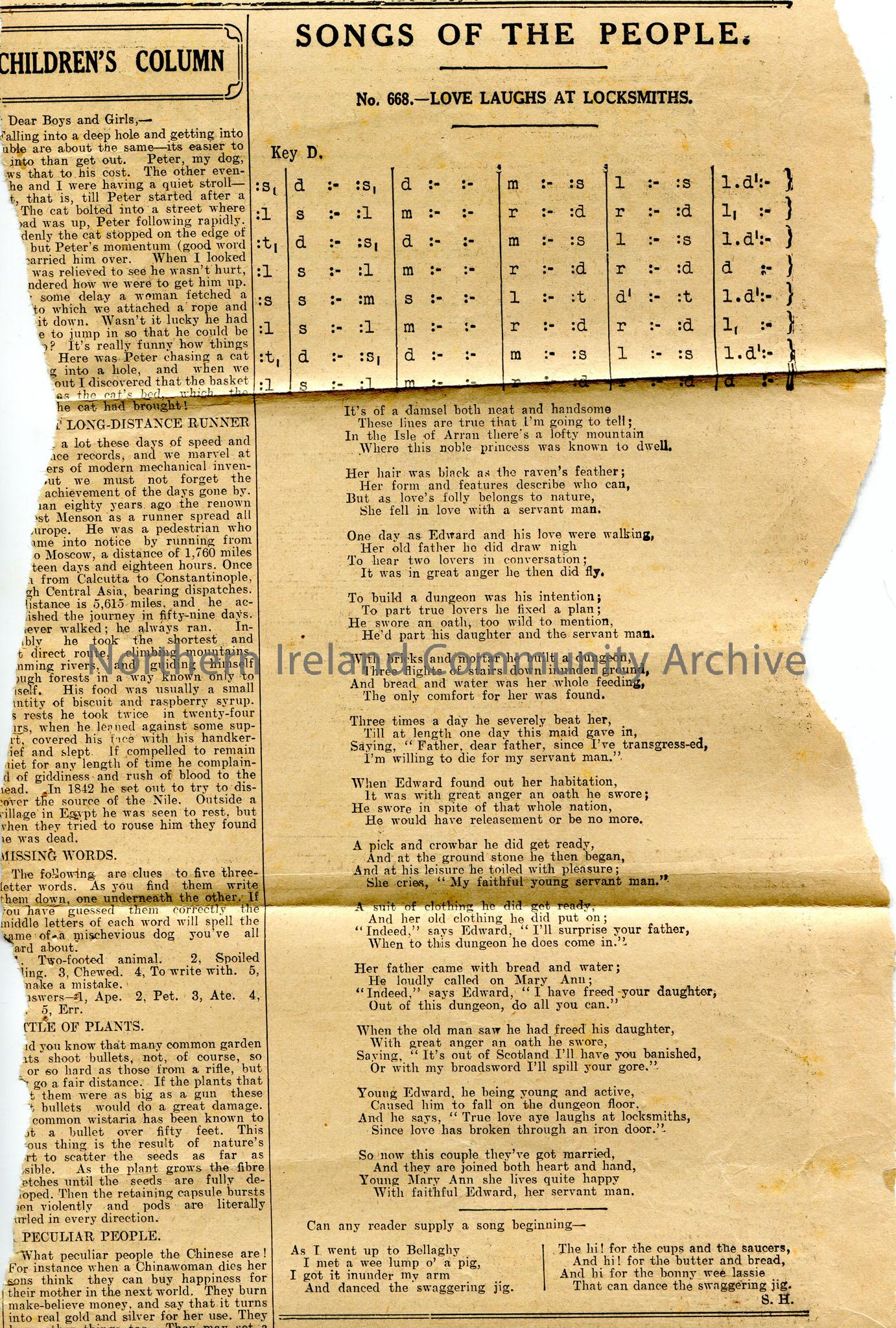 Newspaper article which looks to have been torn from a newspaper titled, ‘Songs of the People’. Tonic sol-fa notation and song words to ‘No. 668 – Lov…