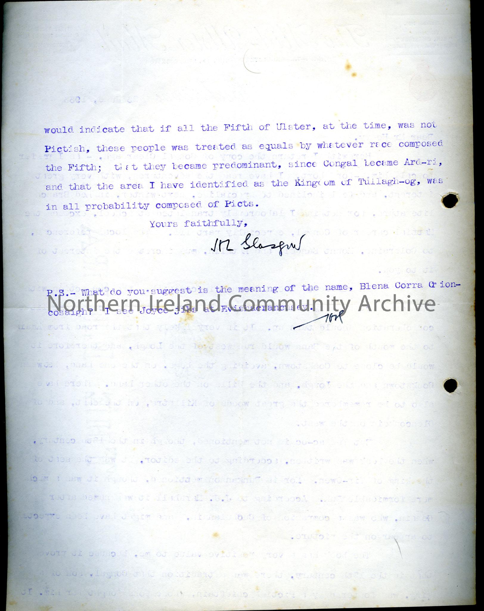 Addressed To Mr Henry From J M Glasgow On Headed Paper The Mid Ulster Mail Cookstown Dated 23rd June 1933 Re Congal Clearnagh Blena Corra Crio Ni Archive