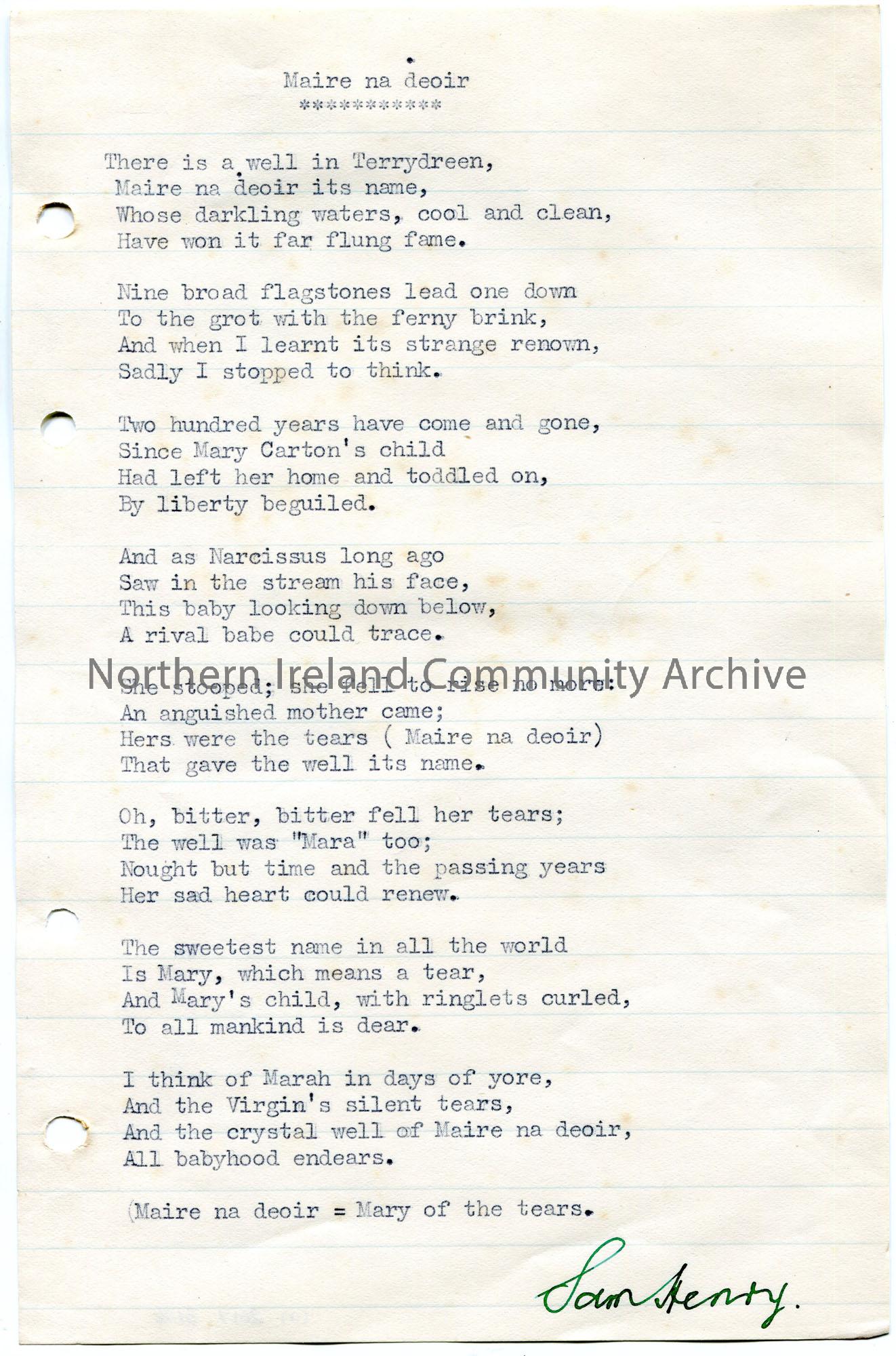 Typed poem on lined paper titled, 'Maire na deoir' meaning 'Mary of the  Tears' by Sam Henry. Mentions Terrydreen [in County Londonderry] and Mary  Cart… – NI Archive