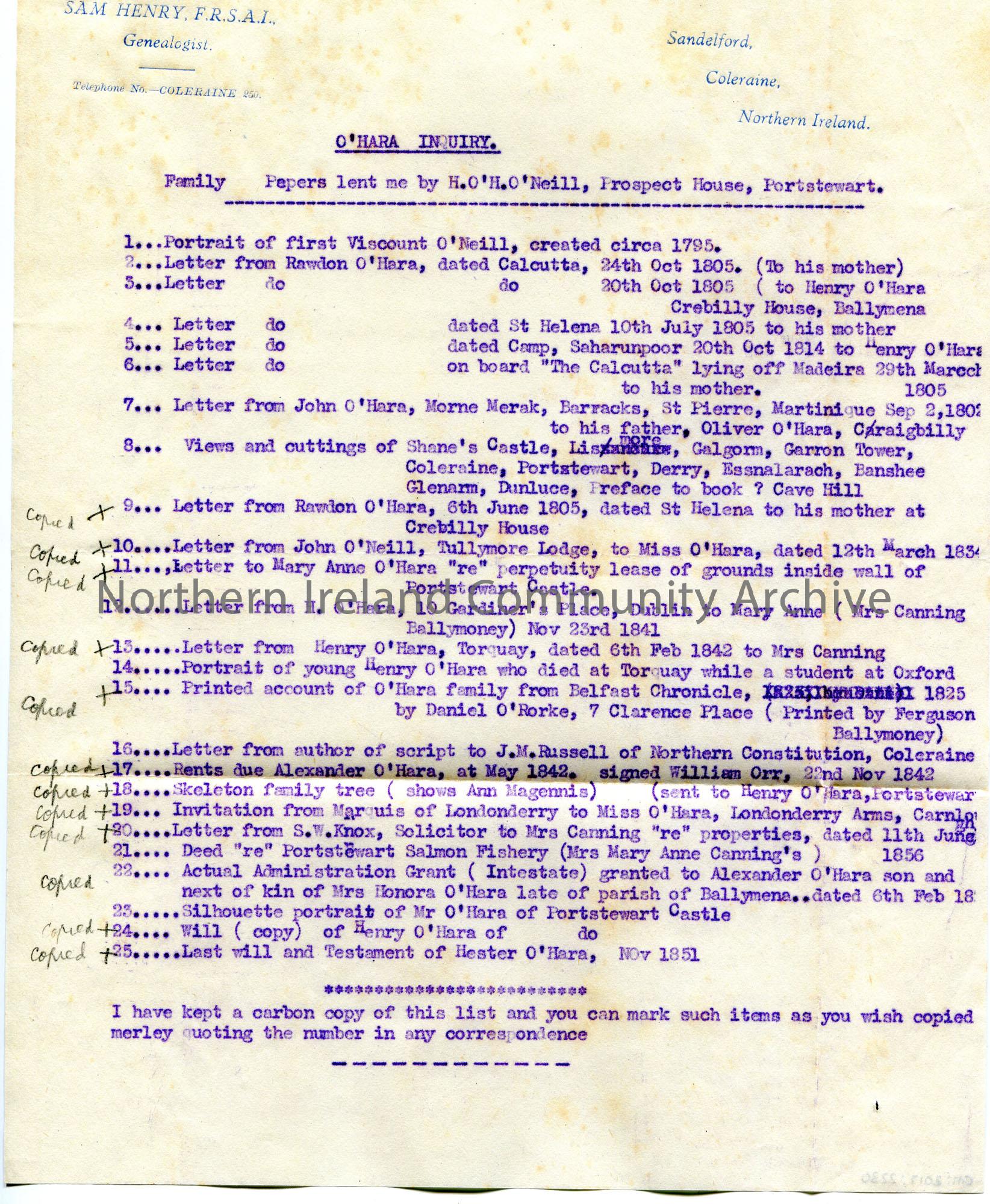 Typed List Of Documents Letters And Wills Re The O Hara Family Typed On Sam Henry S Personal Headed Paper Titled O Hara Inquiry Family Paper Ni Archive