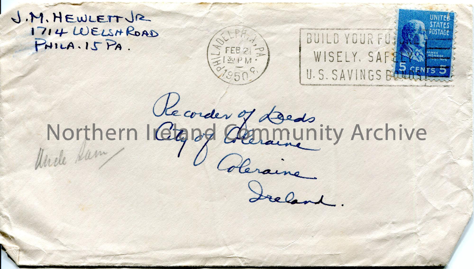 Handwritten Cream Colour Envelope Addressed To Recorder Of Deeds City Of Coleraine Coleraine Ireland From J M Hewlett Jr 1714 Welsh Road Philad Ni Archive