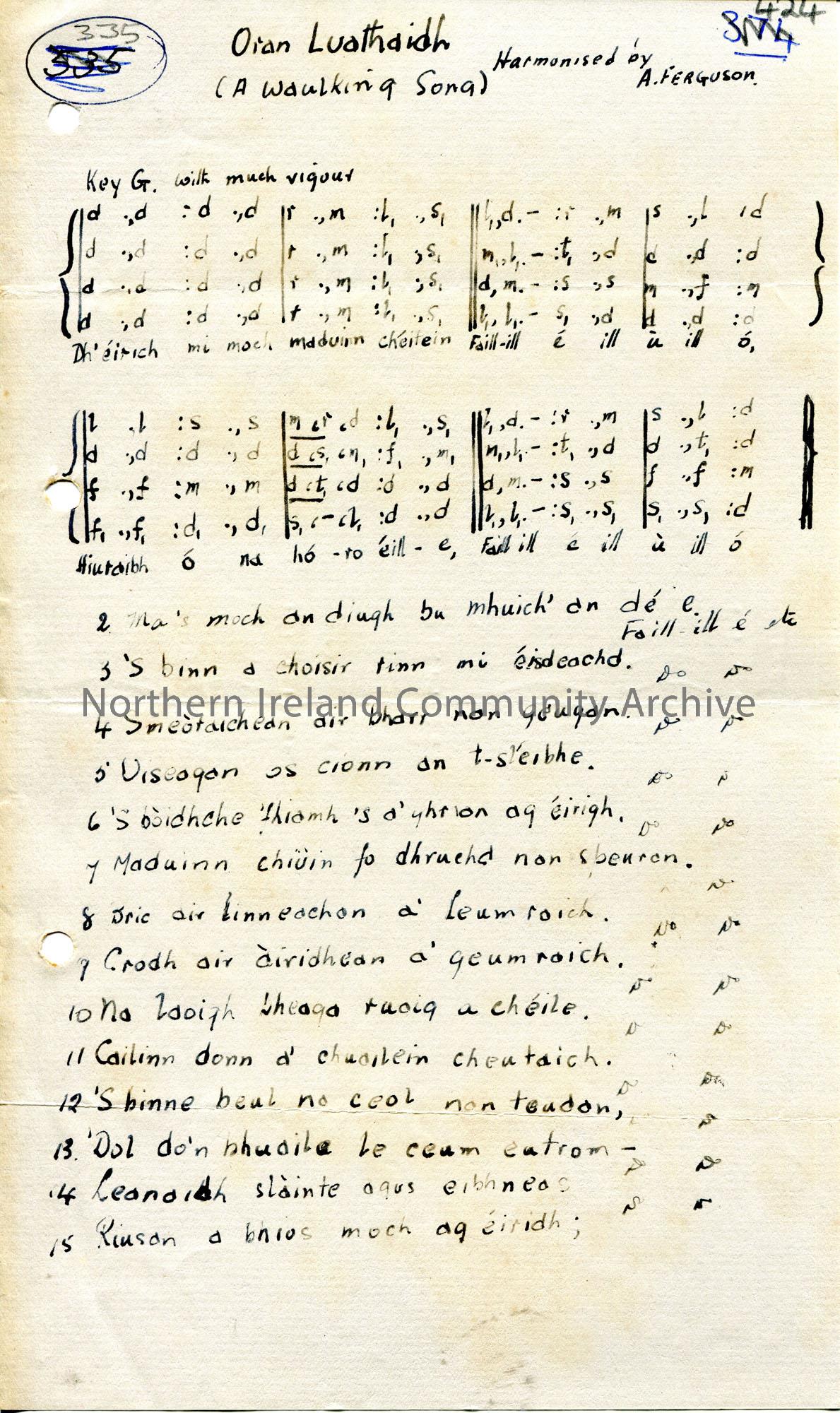 Handwritten Tonic Sol Fa Notation And Words To Song In Irish Gaelic Oran Luathaidh A Waulking Song Harmonised By A Ferguson Numbers 335 And 424 Ni Archive