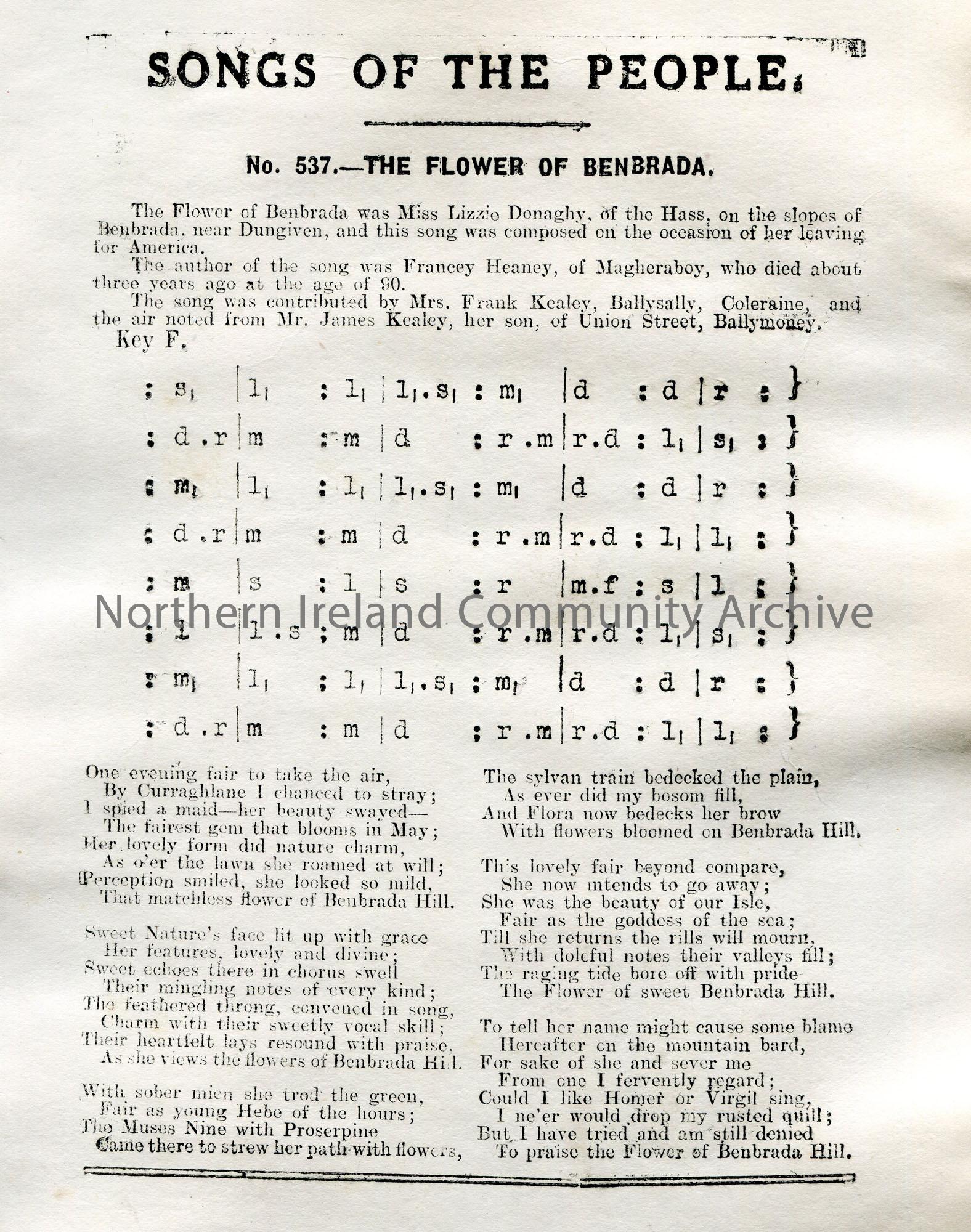 Songs of the People article of tonic sol-fa and words to song titled, ‘No. 537 – The Flower of Benbrada’. The Flower of Benbrada was Miss Lizzie Donag…