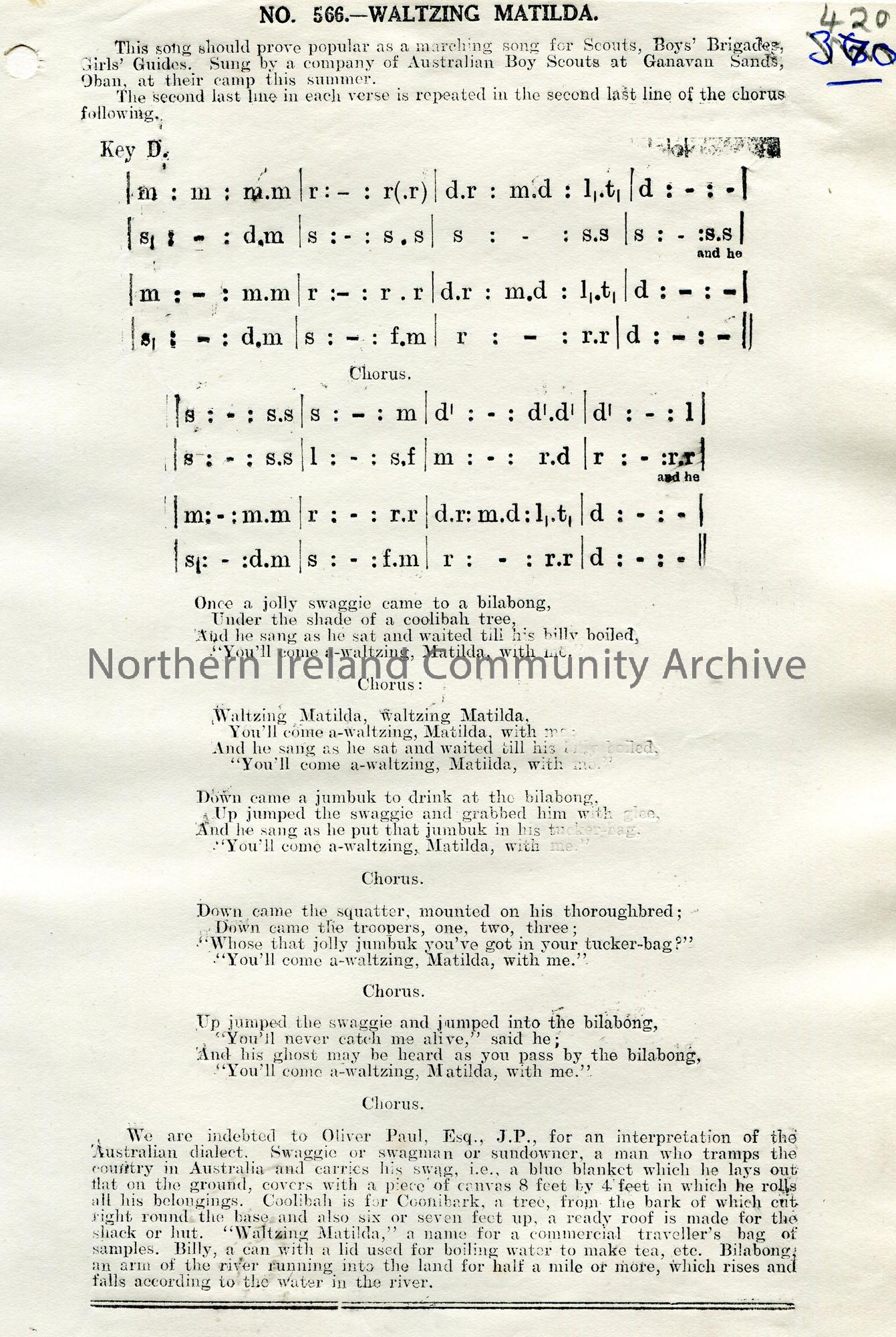 Songs of the People article of a tonic sol-fa notation and words to song titled, ‘No. 566 – Waltzing Matilda’.