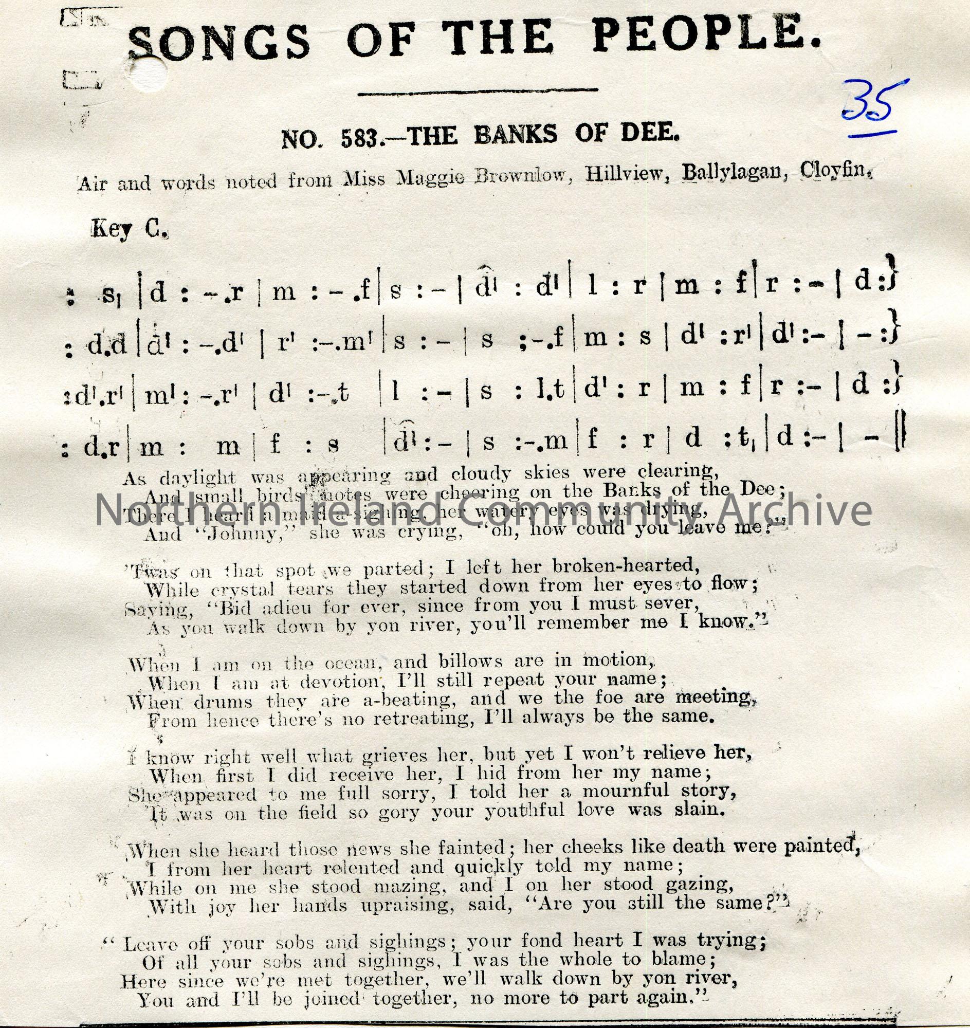 Songs of the People article of a tonic sol-fa notation and words to song titled, ‘No. 583 – The Banks of Dee’. Air and words noted from Miss Maggie Br…