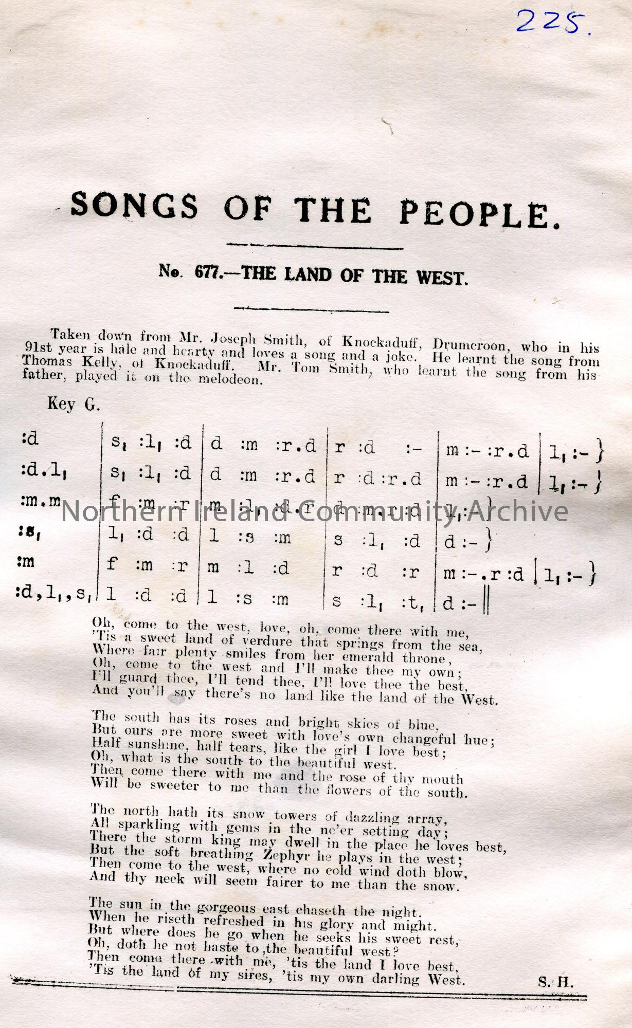Songs of the People article of a tonic sol-fa notation and words to song titled, ‘No. 677 – The Land of the West’. Taken down from Mr Joseph Smith, of…