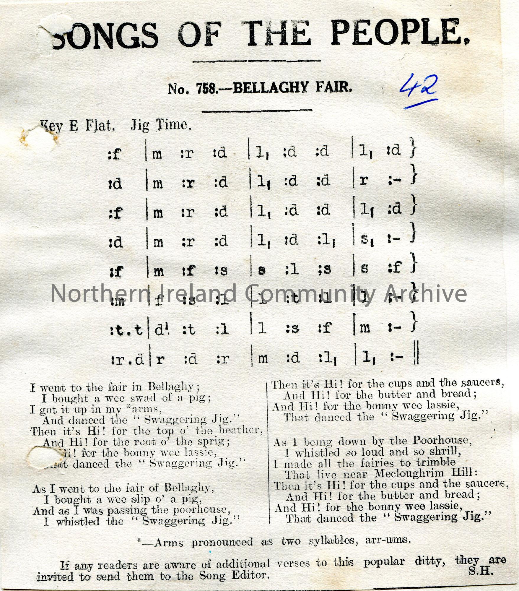 Songs of the People article of a tonic sol-fa notation and words to song titled, ‘No. 758 – Bellaghy Fair’.