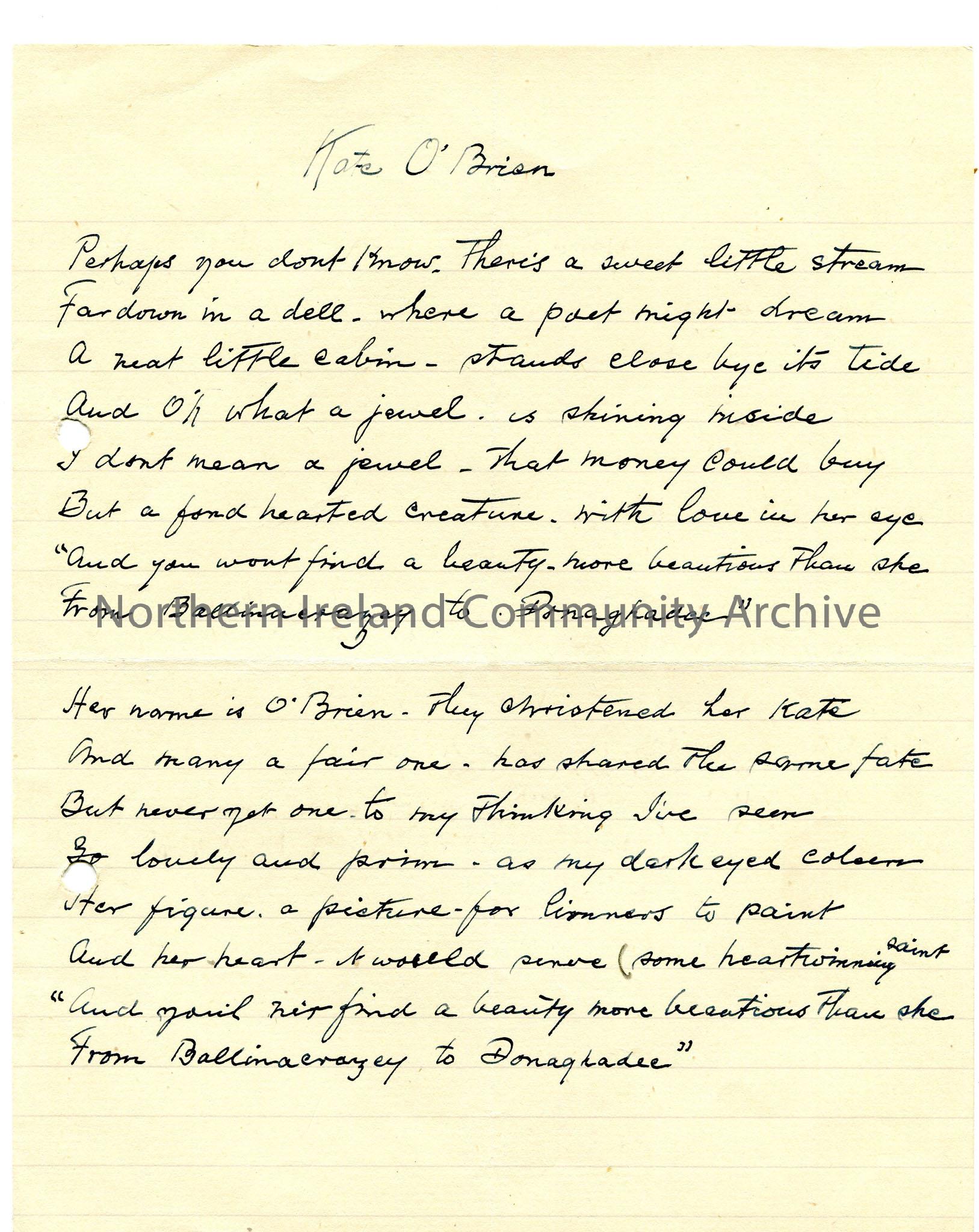 Hand written words to ‘Kate O’Brien’.
