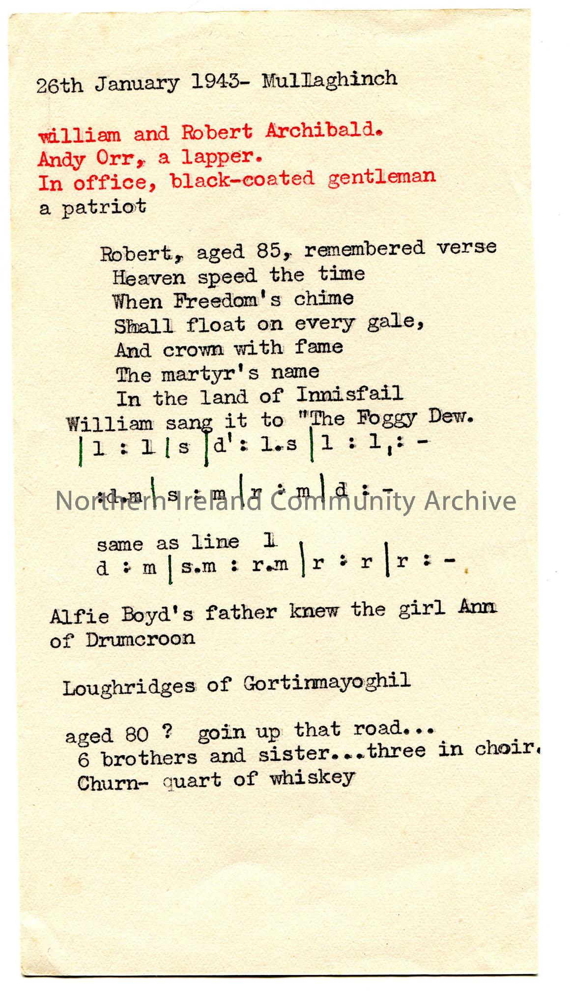 Typed genealogical notes re Andrew Orr, along with typed verse and tonic sol-fa notation to verse.