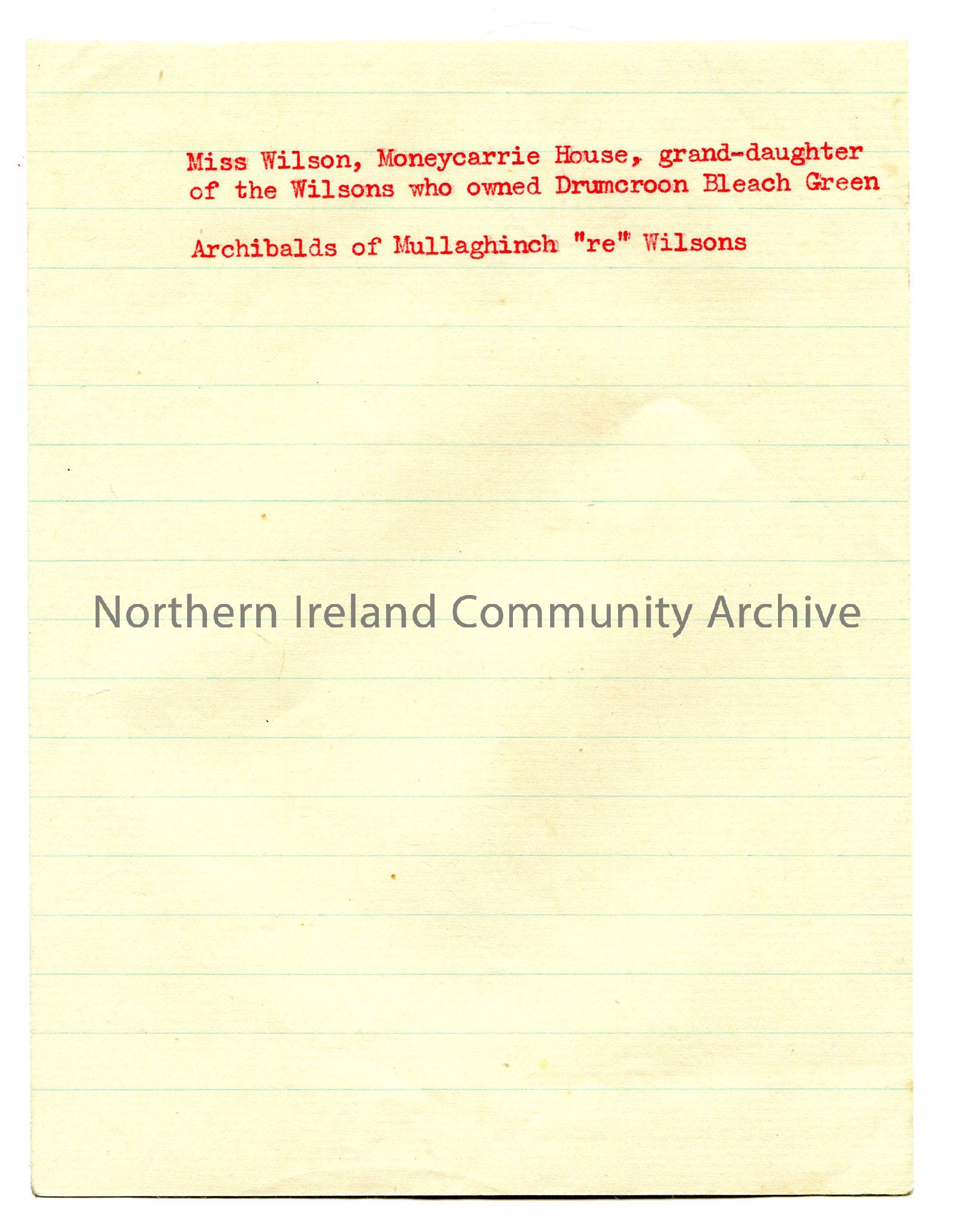 Typed notes re Wilson family, of genealogical interest.