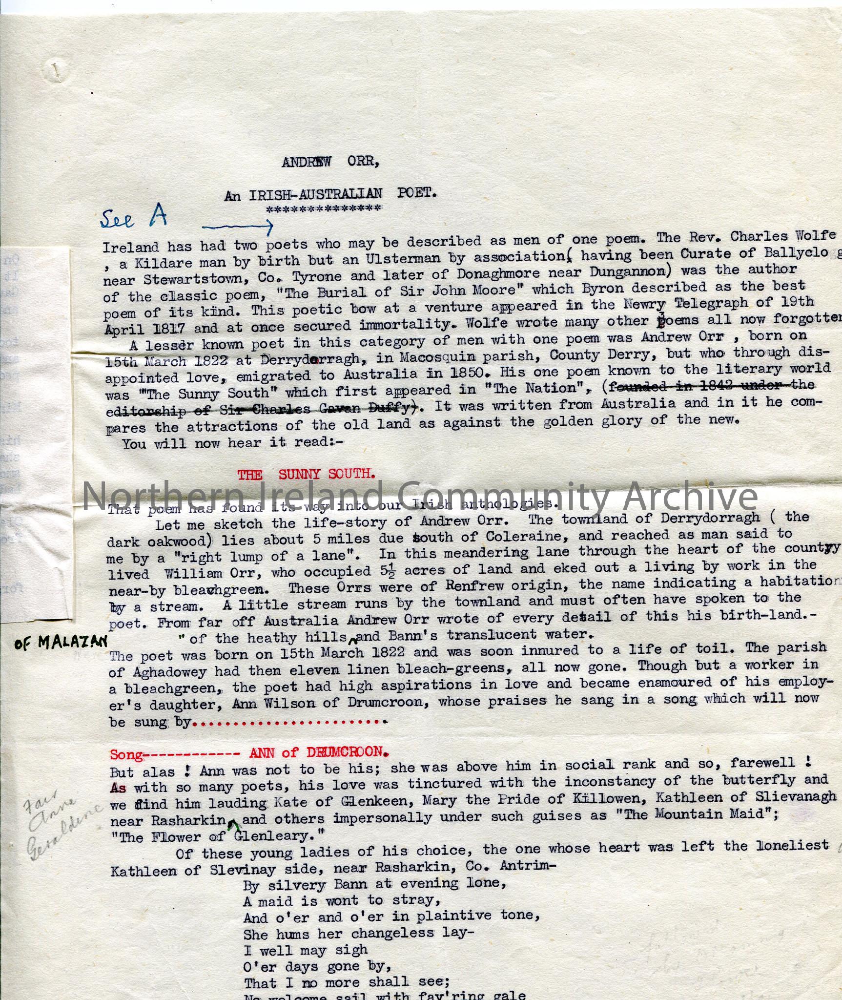 One of 4 pages of what appears to be a broadcast script on Andrew Orr. Includes biographical information on Orr, the Aghadowey area, the linen industr… – img242