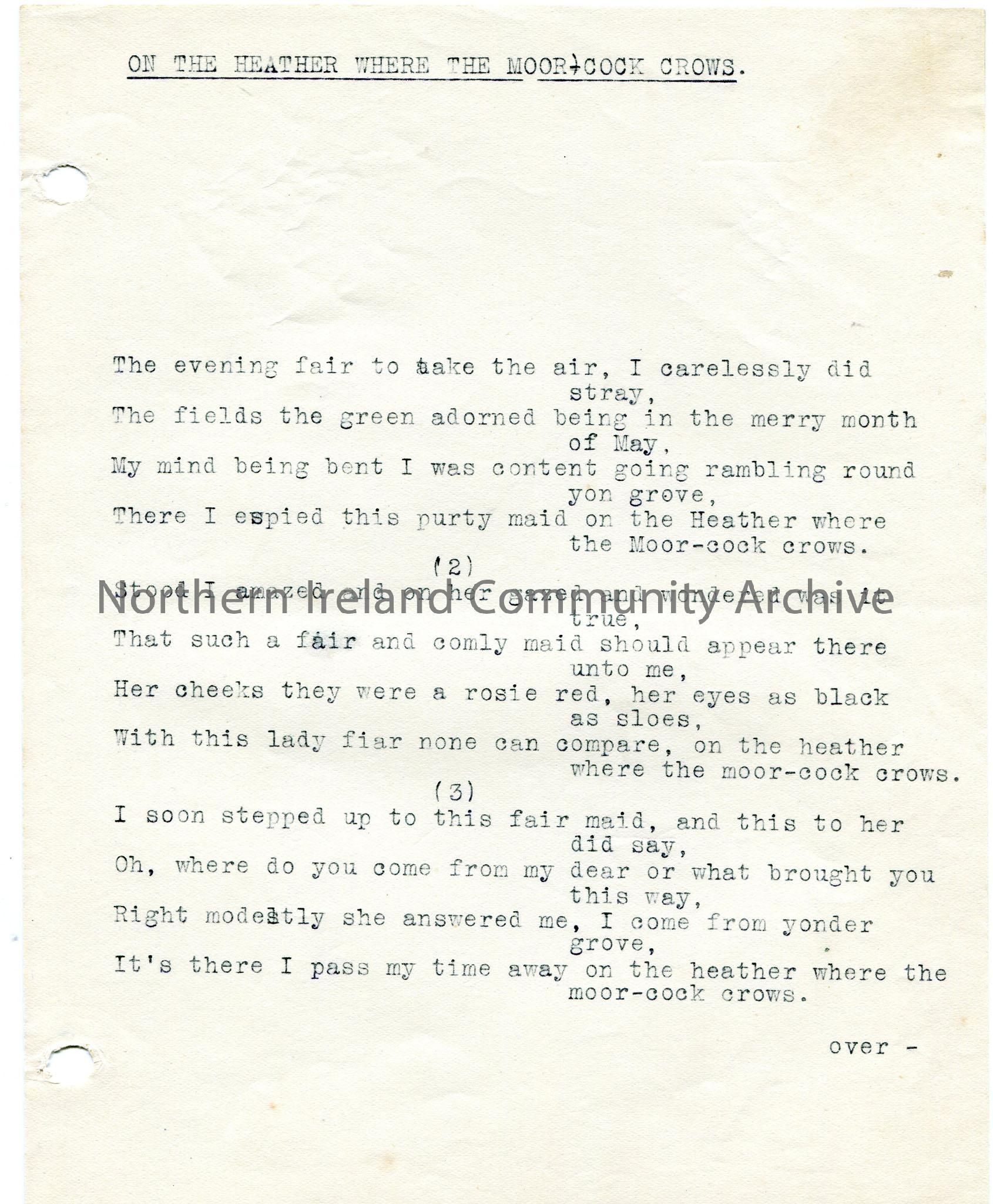 One Of 2 Pages Typed Words To ‘on The Heather Where The Moor Cock Crows Ni Community 