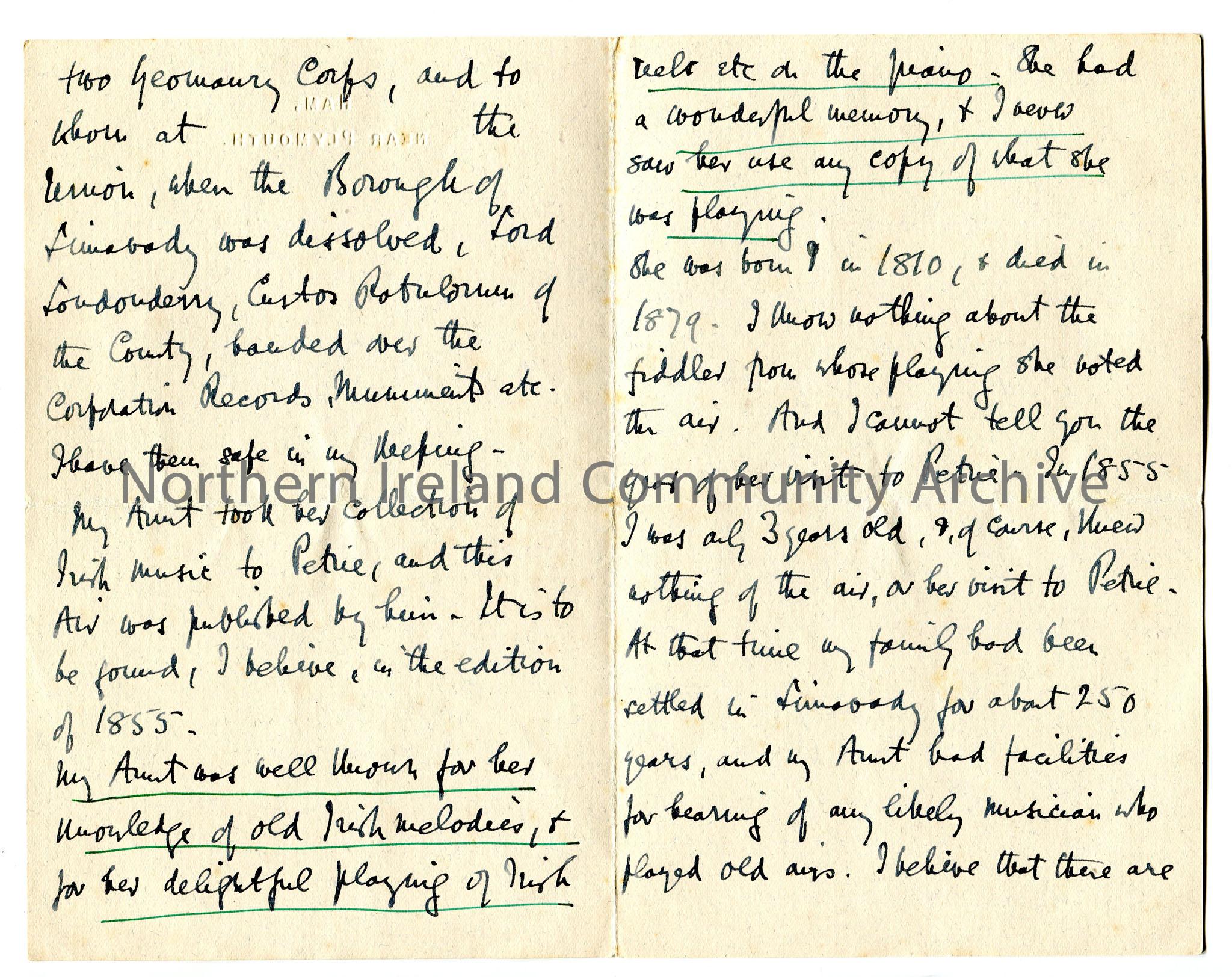 One of 2 pages of letter from Rev Trelawney-Ross re history of Ross family, links to Londonderry Air, ownership of Limavady Corportion records. – img473
