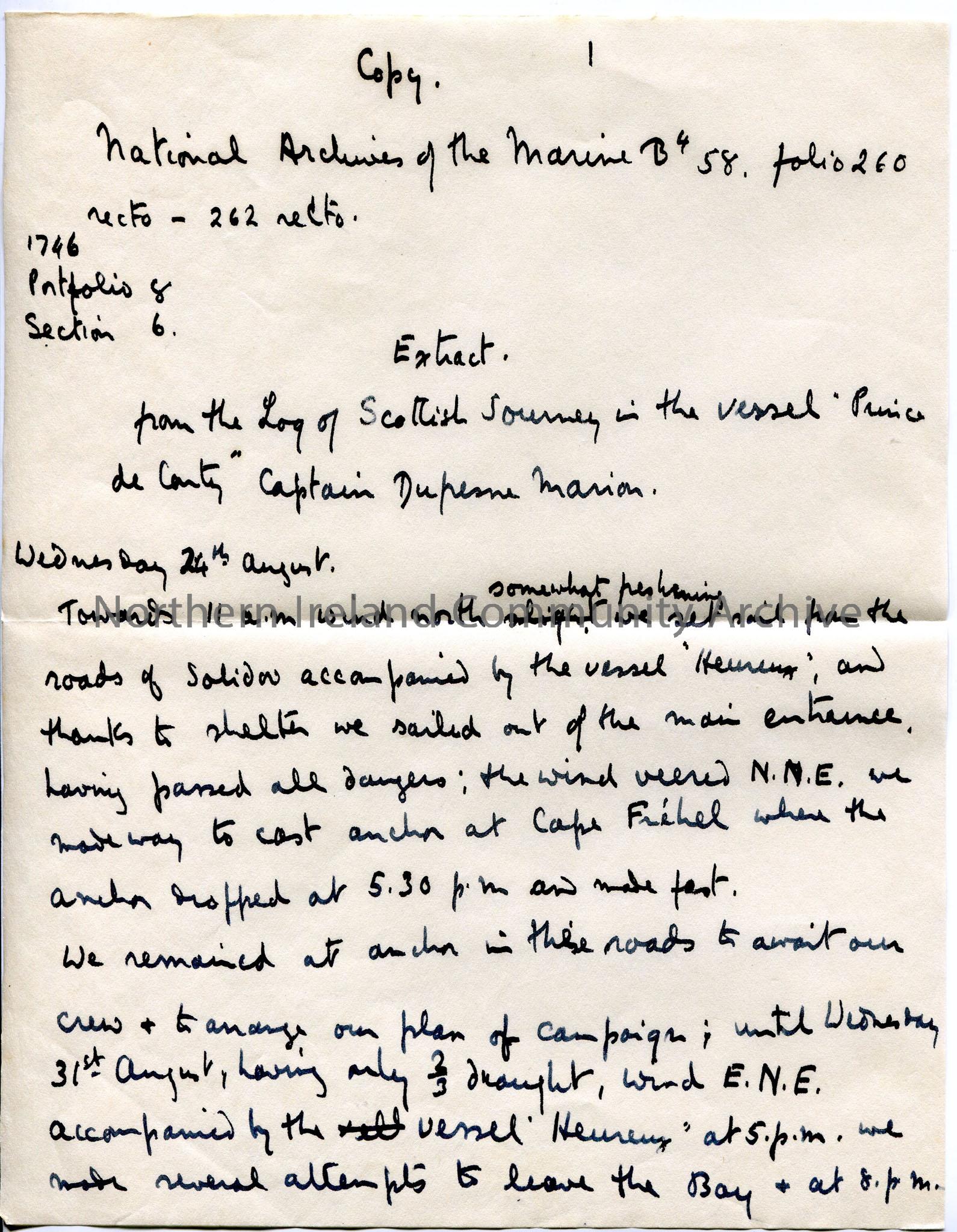 One of 10 pages of handwritten transcription of the translation of French marine archive extracts – the log entries for the ship ‘Le Prince de Conty’ …