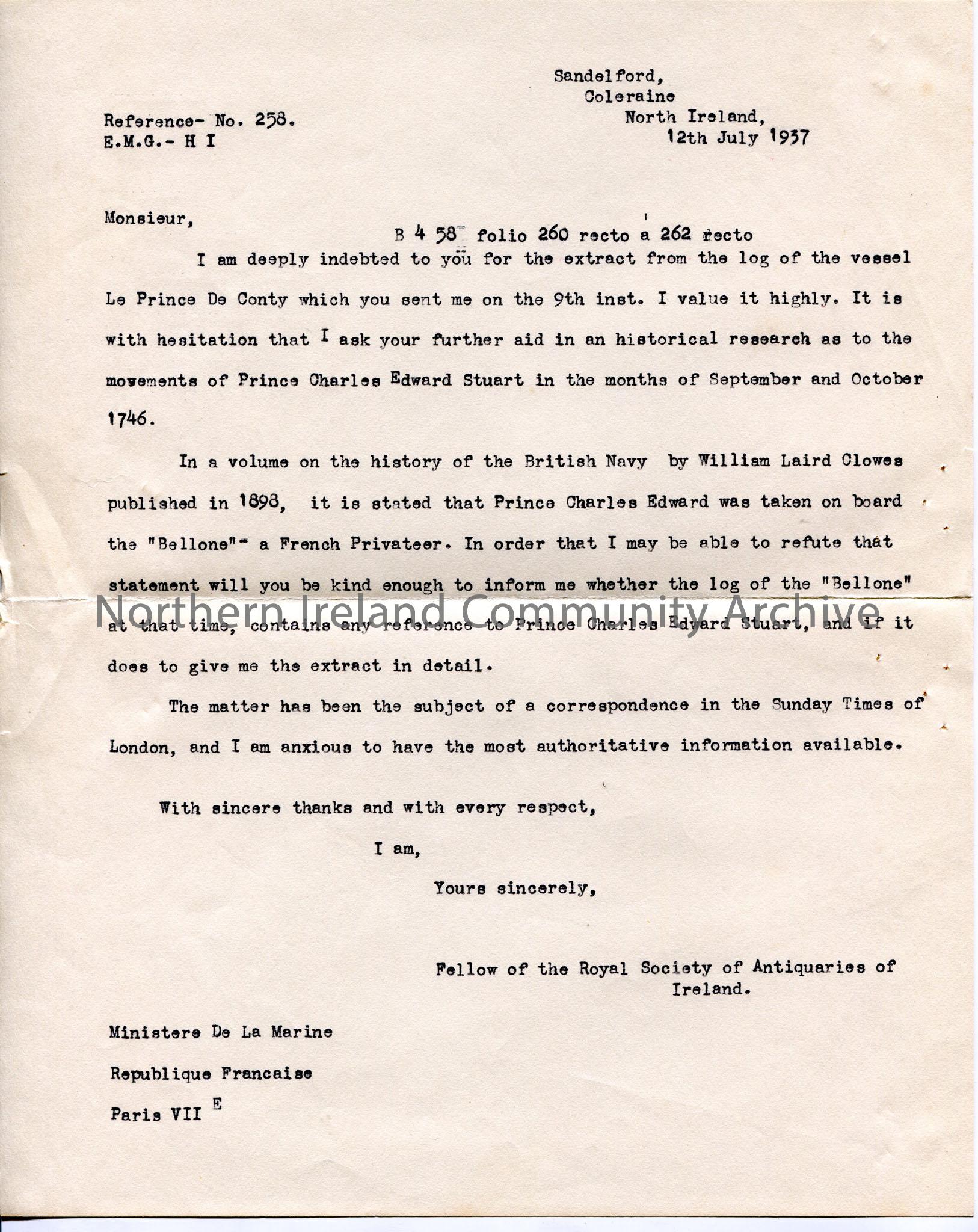 Typed letter to Archives Nationales Marines in Paris – thanks them for transcript of Le Prince de Conty record extracts. Asks for any detail from the …