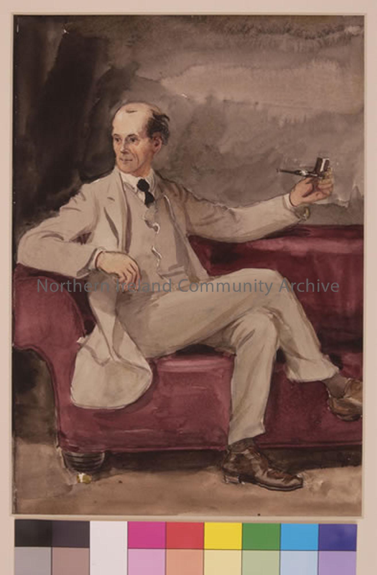 Watercolour study of Mr Henry G. Maurice, in seated position, smoking; a distinguished lecturer and friend of Hugh Thomson (6451)