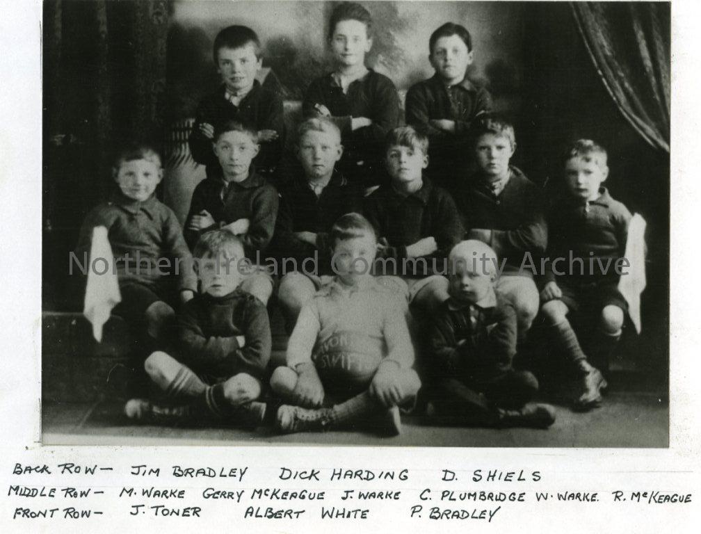 Avondale Swifts, Coleraine, 1924: Back Row- Jim Bradley, Dick Harding, D. Shiels.  Middle Row- M. Warke, Gerry McKeague, J. Warke, C. Plumbridge, W. Warke, R. McKeague.  Front Row- J. Toner, Albert White, P. Bradley. (5403)