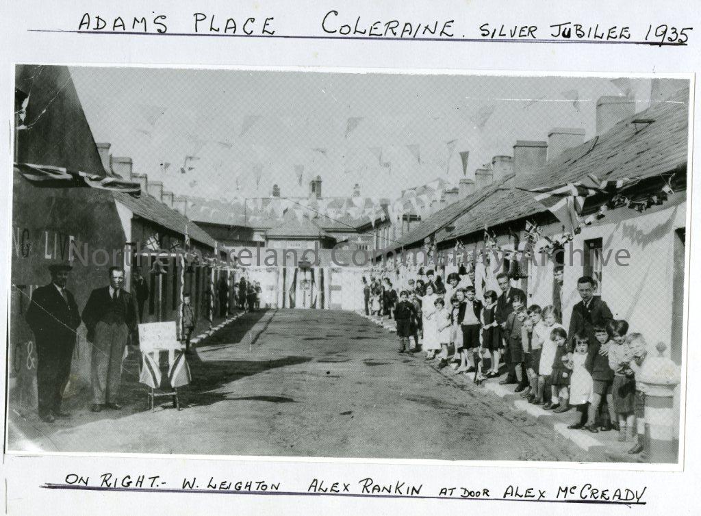 Adams Place, Coleraine, Silver Jubilee, 1935: On Right- W. Leighton, Alex Rankin.  At Door- Alex McCready (4841)