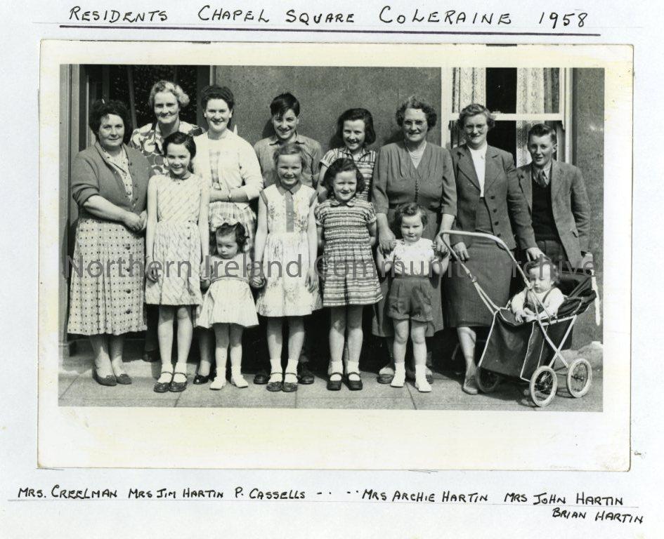 Residents, Chapel Square, Cloeraine, 1958. Mrs Creelman, Mrs Jim Hartin, P.Cassells, Mrs Archie Hartin, Mrs John Hartin, Brian Hartin (6084)