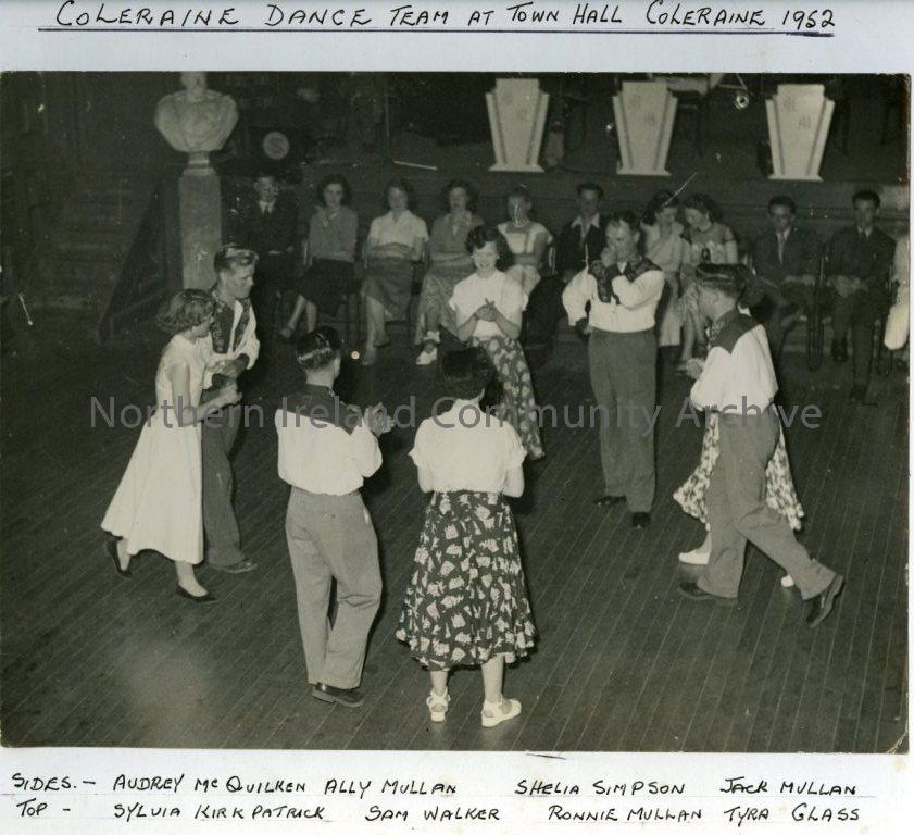 Coleraine Dance Team at Town Hall, Coleraine, 1952; Sides: Audrey McQuilken, Ally Mullan, Sheila Simpson, Jack Mullan.  Top: Sylvia Kirkpatrick, Sam Walker, Ronnie Mullan and Tyra Glass (5612)