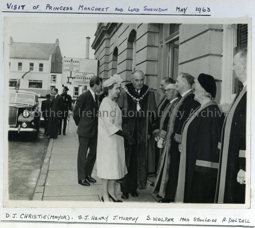 Visit of Princess Margaret and Lord Snowdon, May 1963; D.J. Christie (Mayor), S.J. Henry, J. Murphy, S. Walker, Mrs Stanleigh and A. Dalzell (4883)