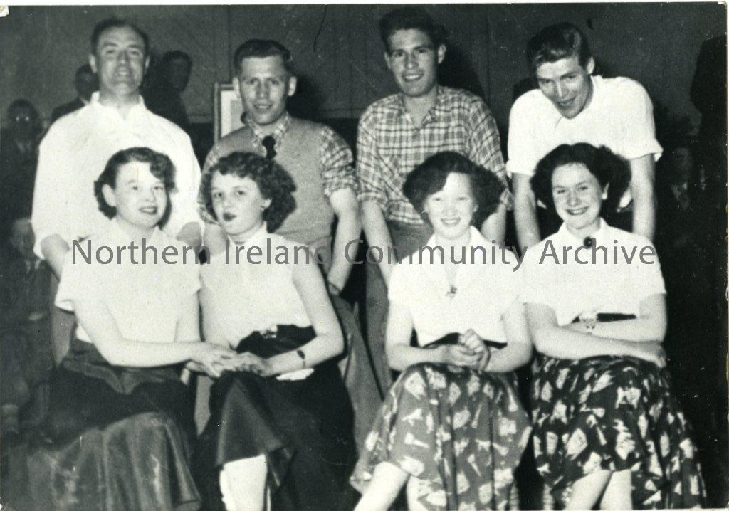 Coleraine Dance Team, 1952: Back Row- S. Walker, Ronnie Mullan, Jack Mullan, Ally Mullan.  Front Row- Shelia Simpson, Audrey McQuilken, Sylvia Kirkpatrick, Tyra Glass. (3254)