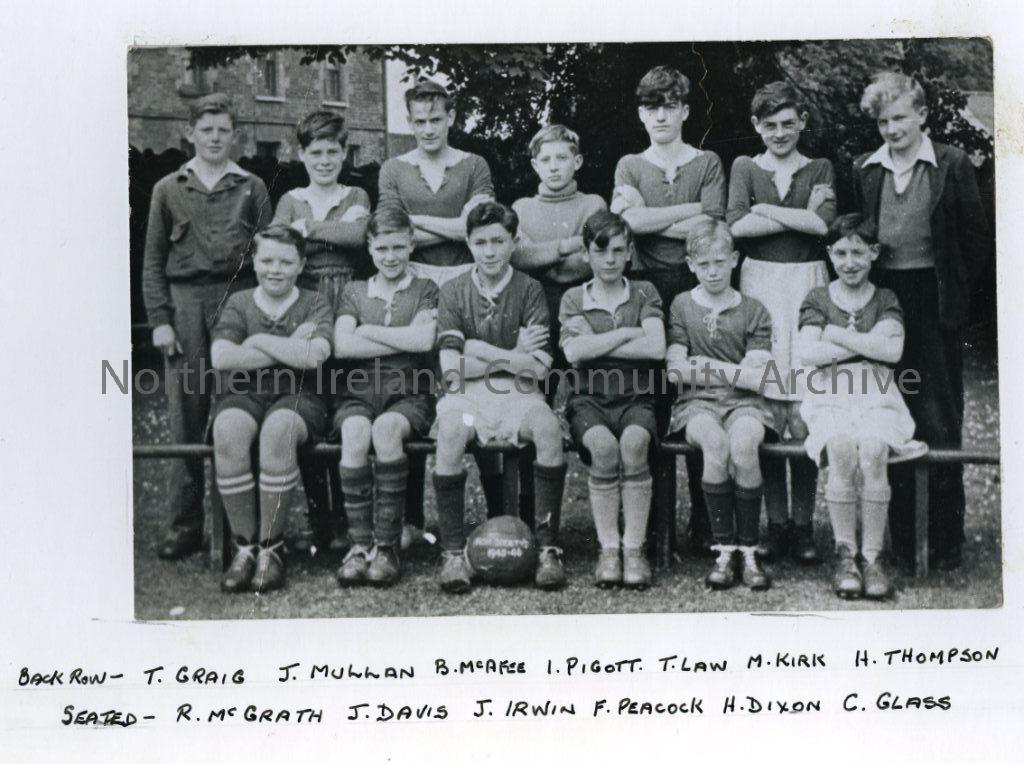 Irish Society School Team, Coleraine, 1947: Back Row- T. Craig, J. Mullan, B. McAfee, I. Pigott, T. Law, M. Kirk, H. Thompson.  Seated- R. McGrath, J. Davis, J. Irwin, F. Peacock, H. Dixon, C. Glass (5654)