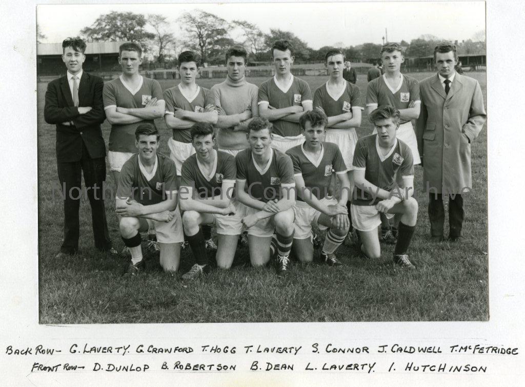 Coleraine Boys Brigade Youth XI, 1960: Back Row- G. Laverty, G. Crawford, T.Hogg, T. Laverty, S. Connor, J. Caldwell, T. McFetridge.  Front Row- D. Dunlop, B. Robertson, B. Dean, L. Laverty, I Hutchinson. (2476)