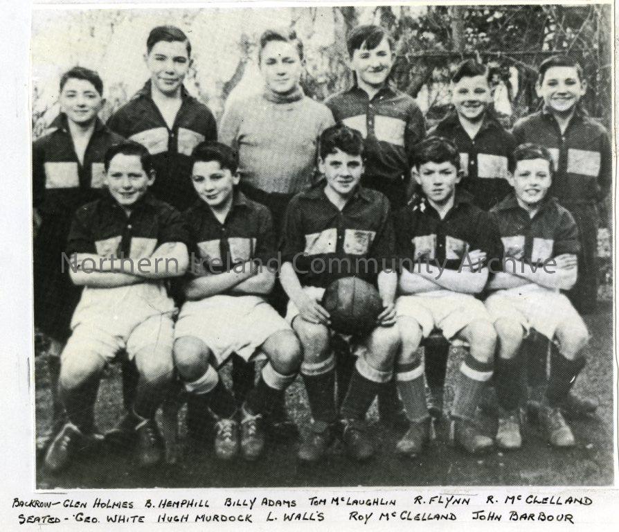 Intermediate School XI, Coleraine, 1957: Back Row- Glen Holmes, B. Hemphill, Billy Adams, Tom McLaughlin, R. Flynn, R. McClelland.  Seated- Geo. White, Hugh Murdock, L. Walls, Roy McClelland, John Barbour. (6003)
