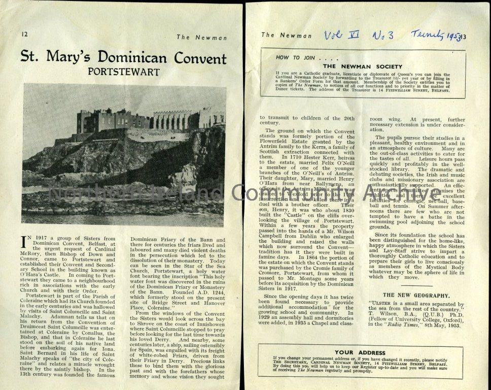 Article on St Mary’s Dominican Convent, Portstewart in the Newman Vol 6 No.3 Trinity 1953 (3728)