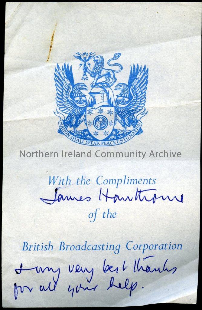 Transcript compliments of BBC, Radio Programme as recorded, Coleraine 19th June 1963 (2742)