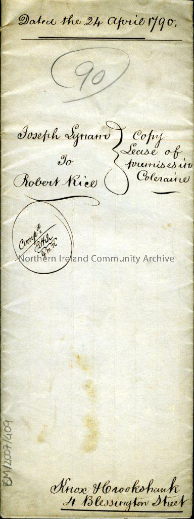 Copy Lease of Premises in Coleraine from Joseph Synarro to Robert Rice, dated 24th April 1790 (4849)