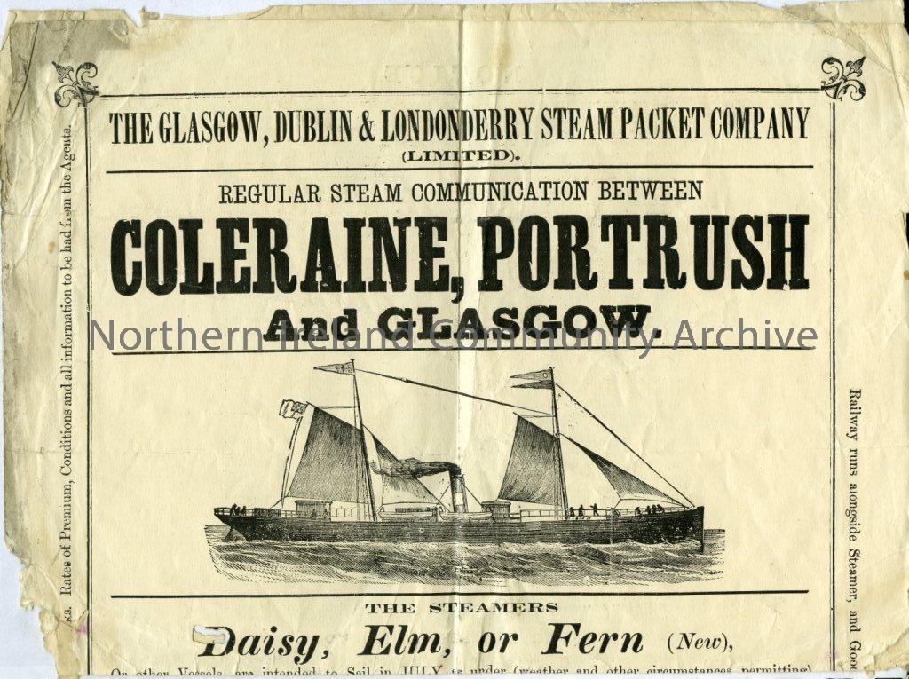 The Glagow, Dublin & Londonderry Steam Packet Company, poster and timetable of steam boat connection between Glasgow, Coleraine and Portrush. 1901 (6759)
