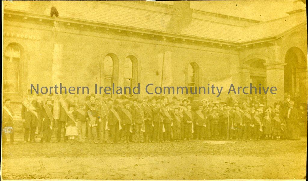Black and white photograph, Portstewart’s Band of Hope Excursion, pictured outside Coleraine Railway Station (2505)