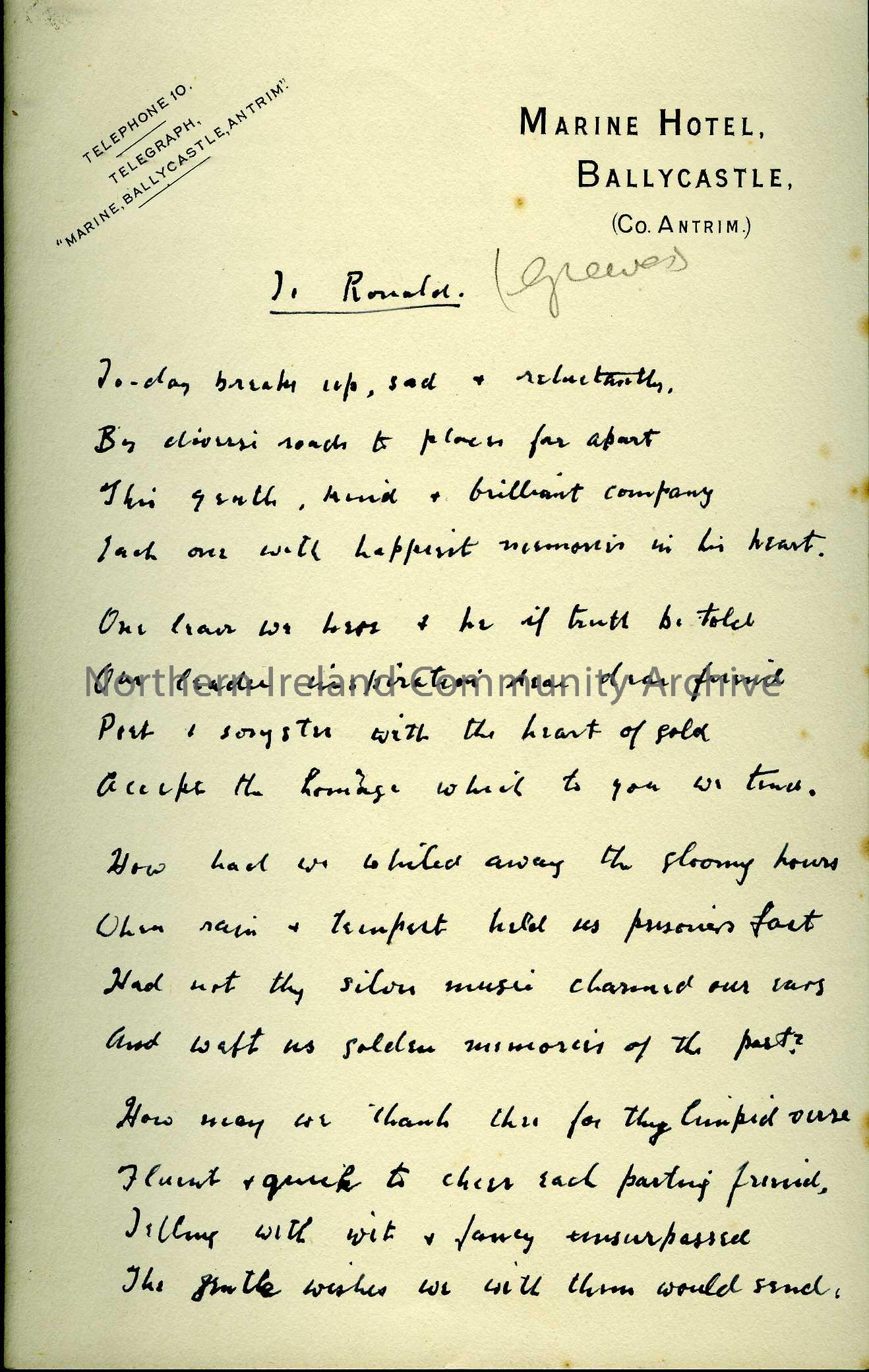 letter to J.Ronald on ‘Marine Hotel, Ballycastle’ headed note paper (3522)