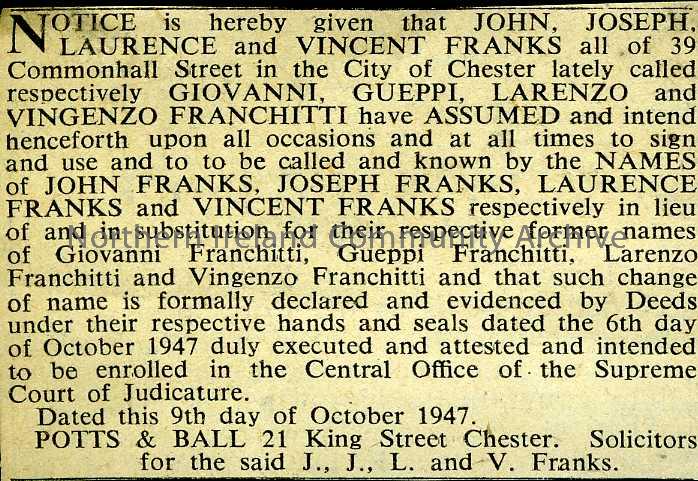 newspaper cutting detailing the changing of names of John, Joseph, Laurence and Vincent Franks (4051)