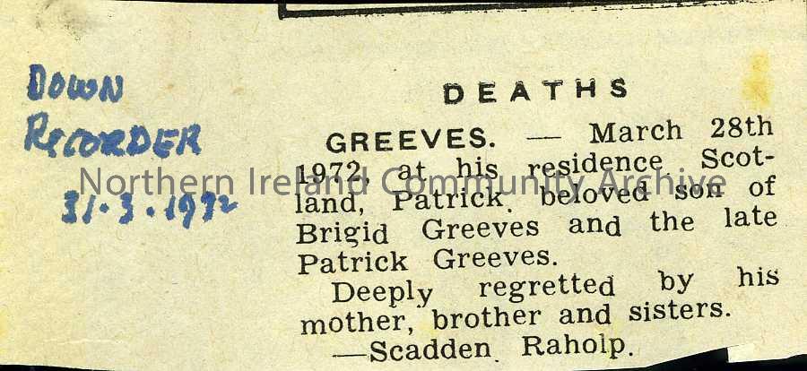 newspaper cutting detailing the death of Mr Patrick Greeves (6066)